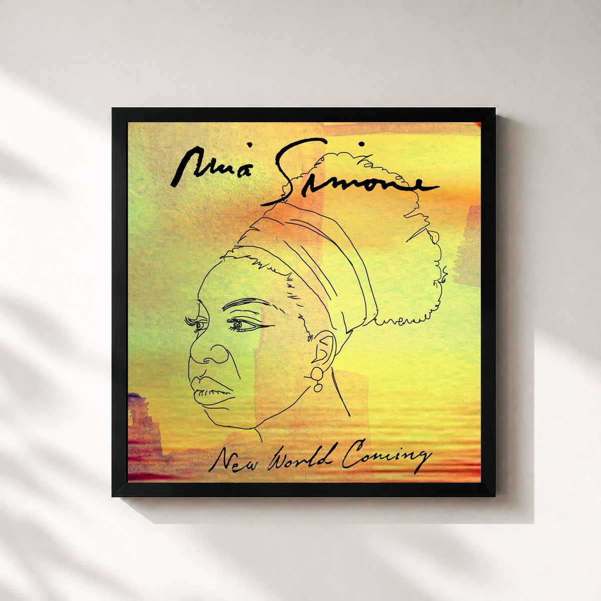 #noir Tableau carré de l'album New World Coming de Nina Simone, cadre noir 32x32 cm