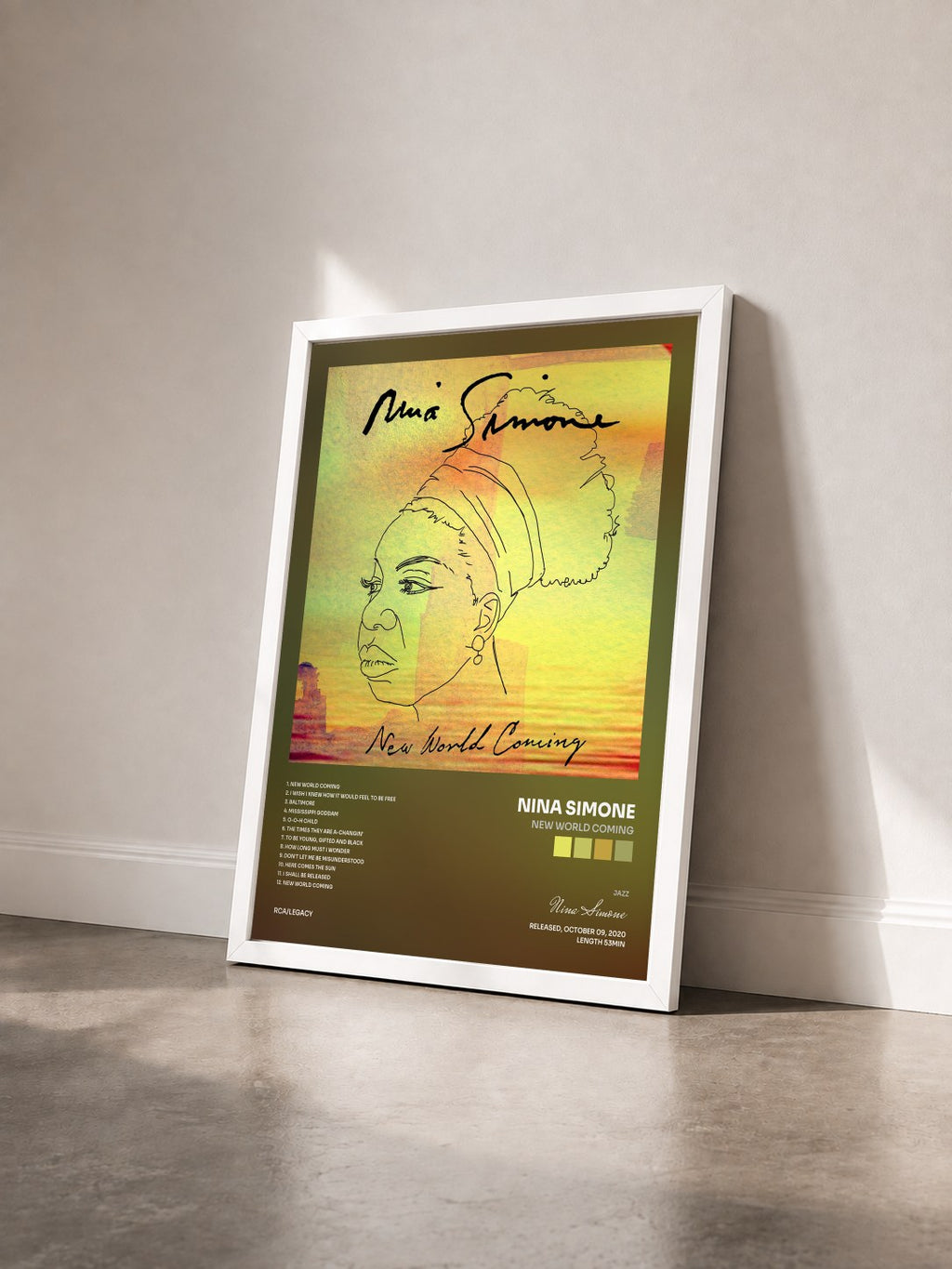 #blanc New World Coming von Nina Simone als gerahmter Kunstdruck von schräg gesehen, weißer Rahmen