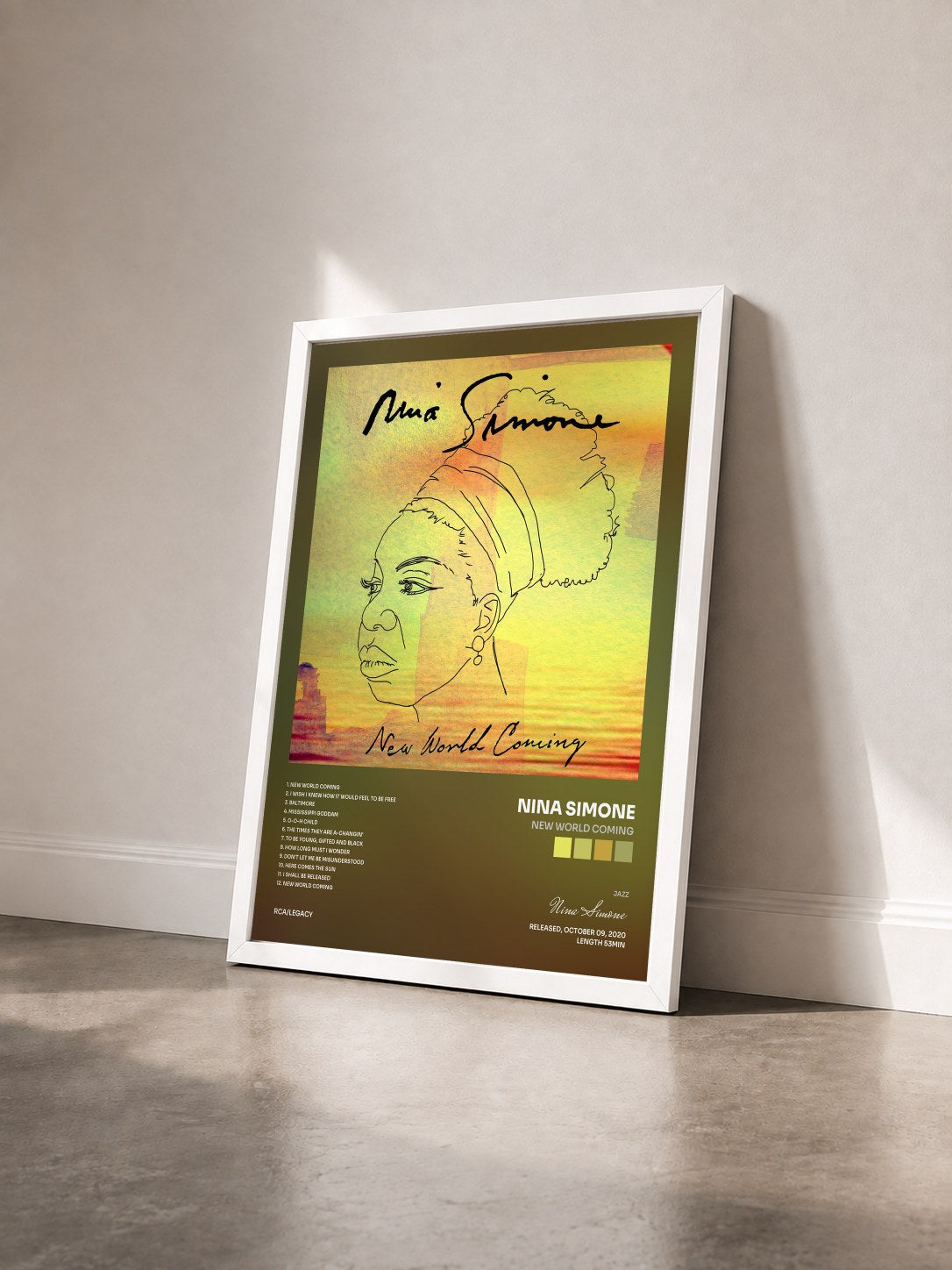 #blanc Tableau de l'album New World Coming de Nina Simone vu de trois quarts, cadre blanc