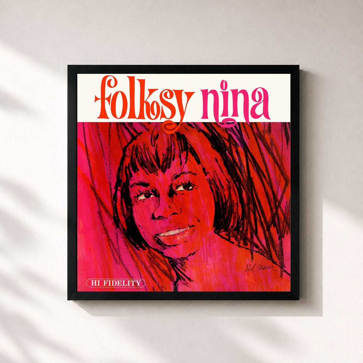 #noir Tableau carré de l'album Folksy Nina de Nina Simone, cadre noir 32x32 cm