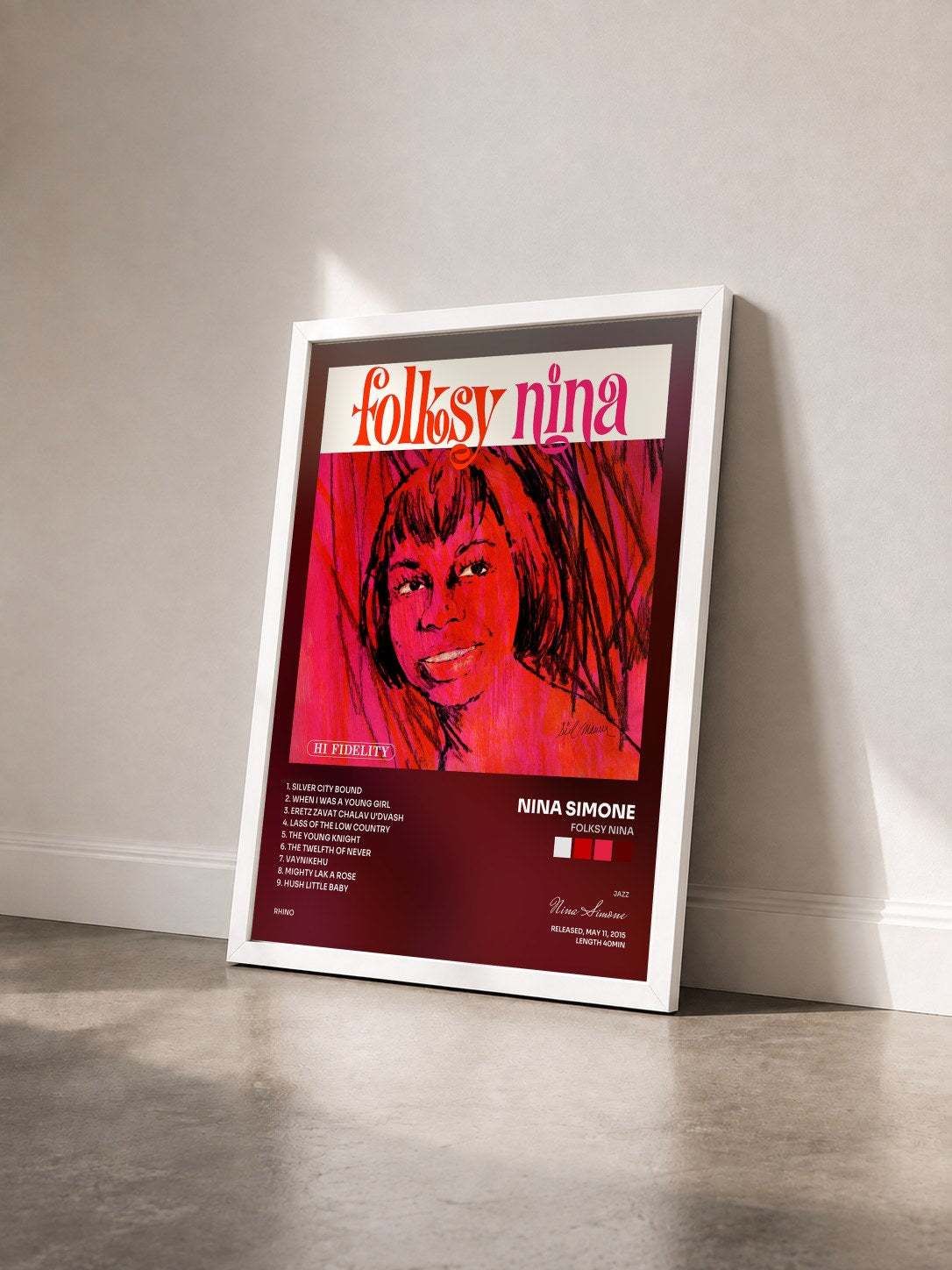 #blanc Tableau de l'album Folksy Nina de Nina Simone vu de trois quarts, cadre blanc