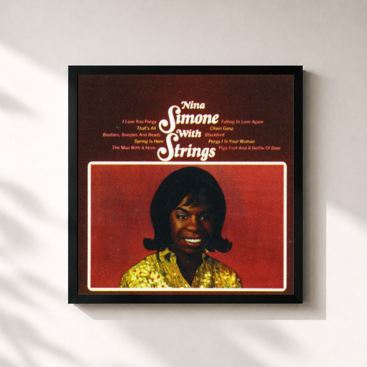 #noir Tableau carré de l'album Nina with Strings de Nina Simone, cadre noir 32x32 cm