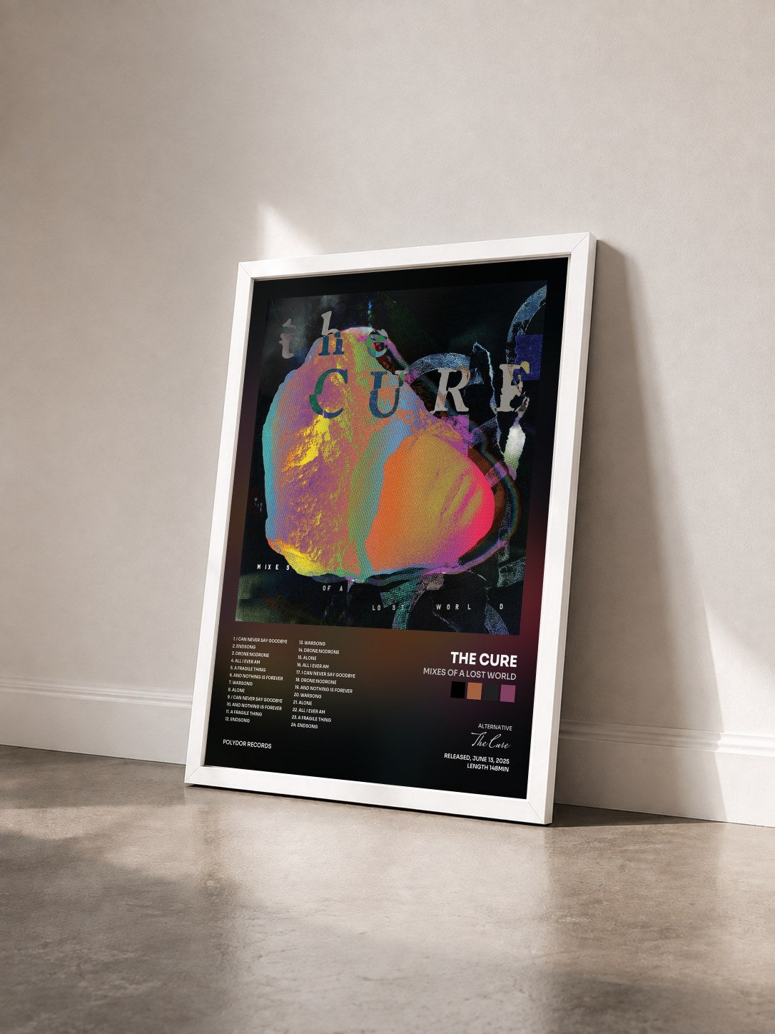 #blanc Tableau de l'album Mixes Of A Lost World de The Cure vu de trois quarts, cadre blanc
