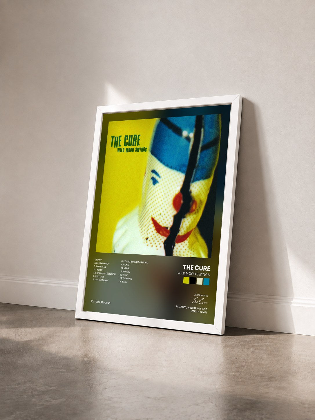 #blanc Tableau de l'album Wild Mood Swings de The Cure vu de trois quarts, cadre blanc