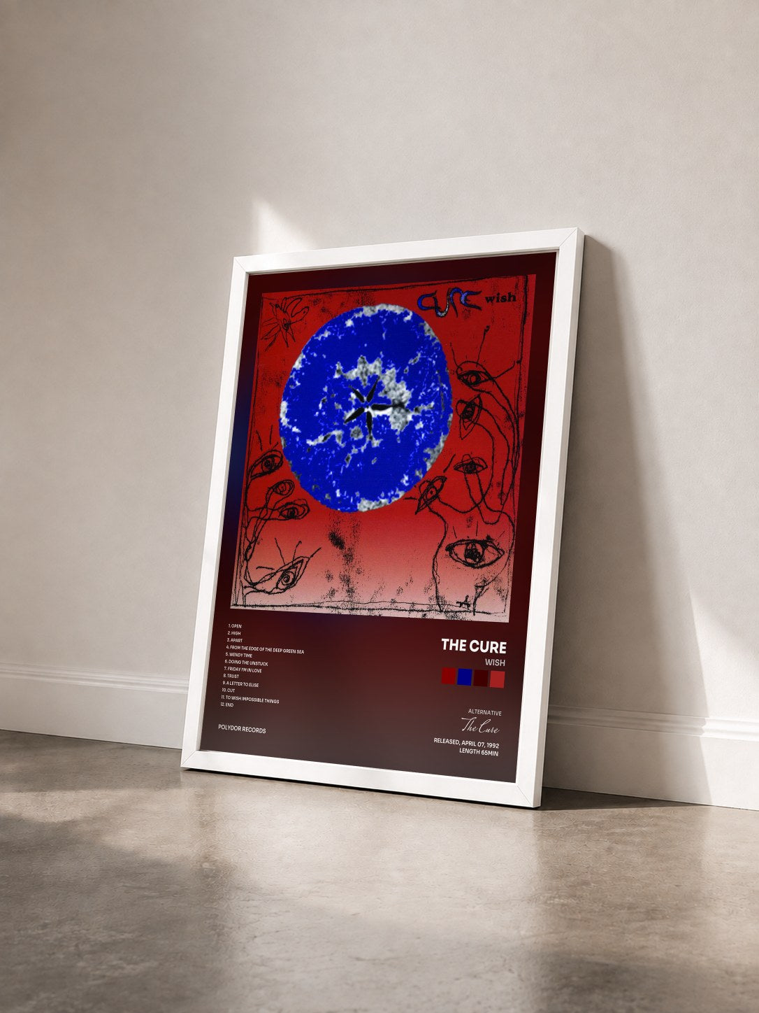 #blanc Tableau de l'album Wish de The Cure vu de trois quarts, cadre blanc