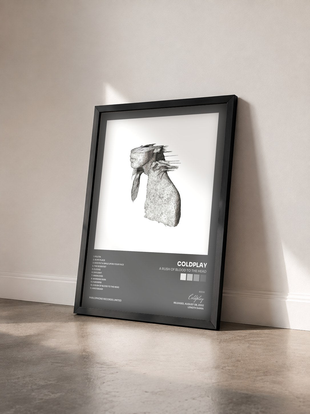 #noir A Rush of Blood to the Head di Coldplay in stampa incorniciata vista di tre quarti, cornice nera