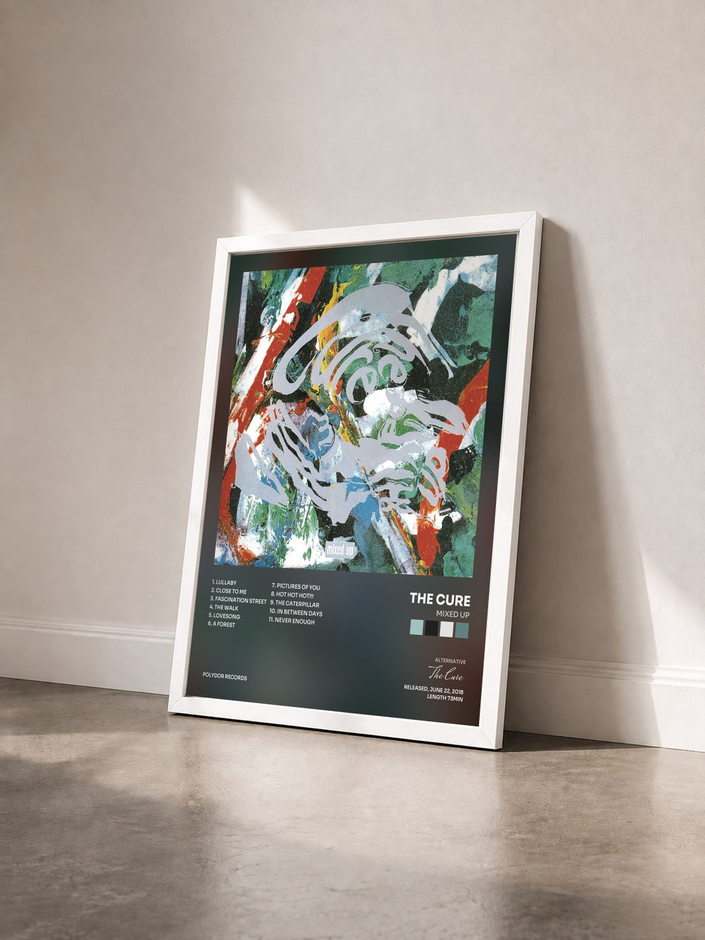 #blanc Tableau de l'album Mixed Up de The Cure vu de trois quarts, cadre blanc