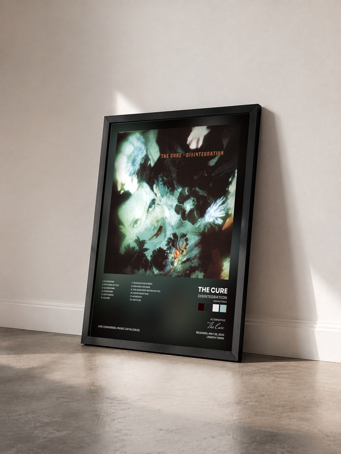 #noir Disintegration (Remastered) by The Cure as a framed art print seen at an angle, black frame