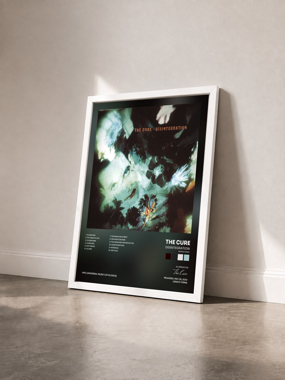 #blanc Disintegration (Remastered) by The Cure as a framed art print seen at an angle, white frame