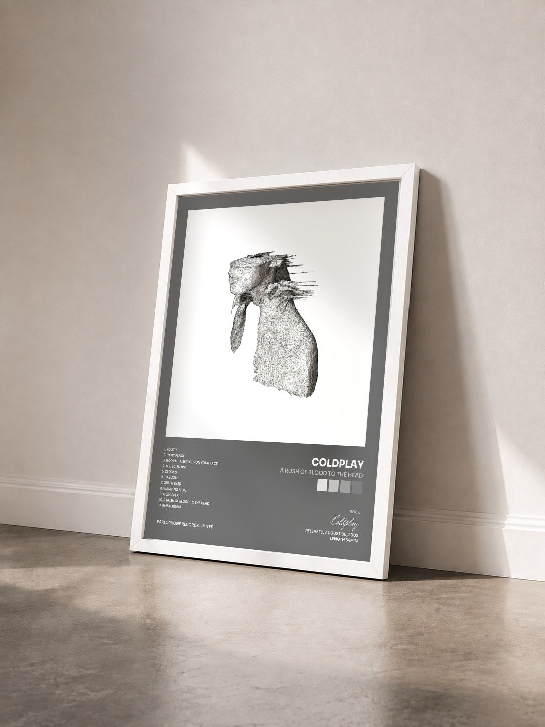 #blanc A Rush of Blood to the Head di Coldplay in stampa incorniciata vista di tre quarti, cornice bianca