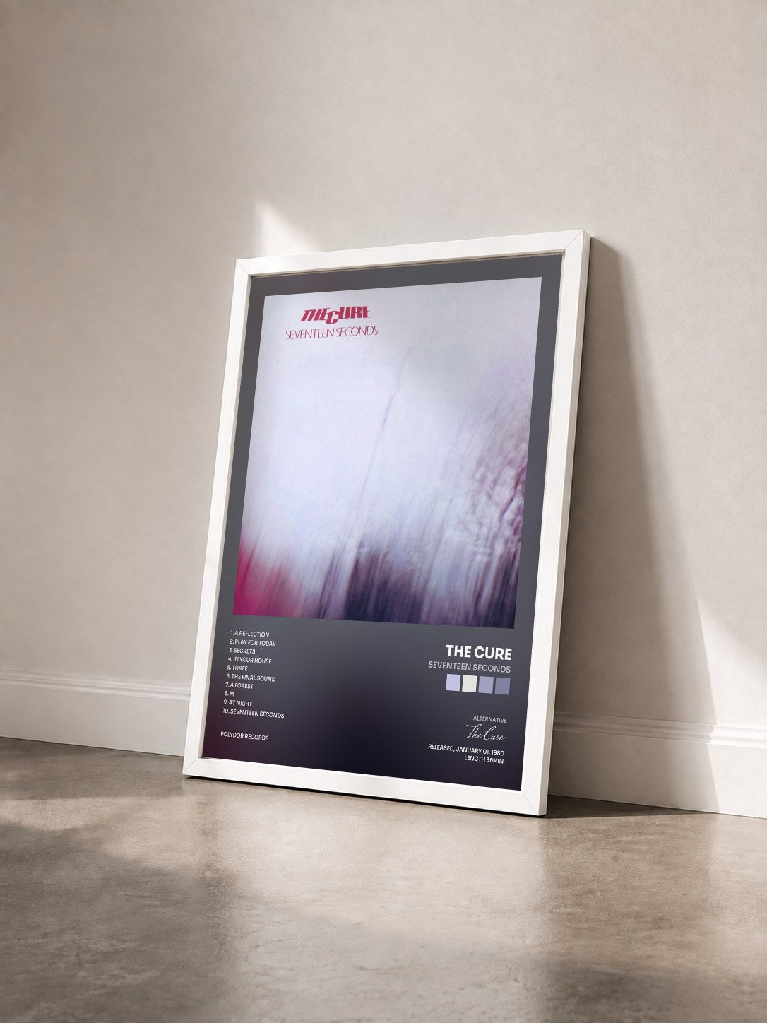 #blanc Tableau de l'album Seventeen Seconds de The Cure vu de trois quarts, cadre blanc