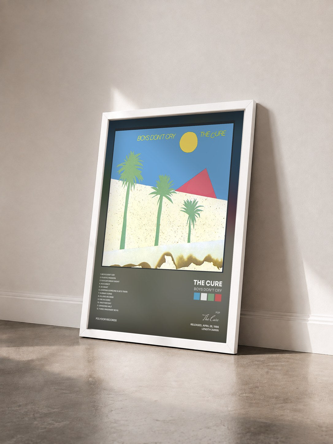 #blanc Tableau de l'album Boys Don't Cry de The Cure vu de trois quarts, cadre blanc
