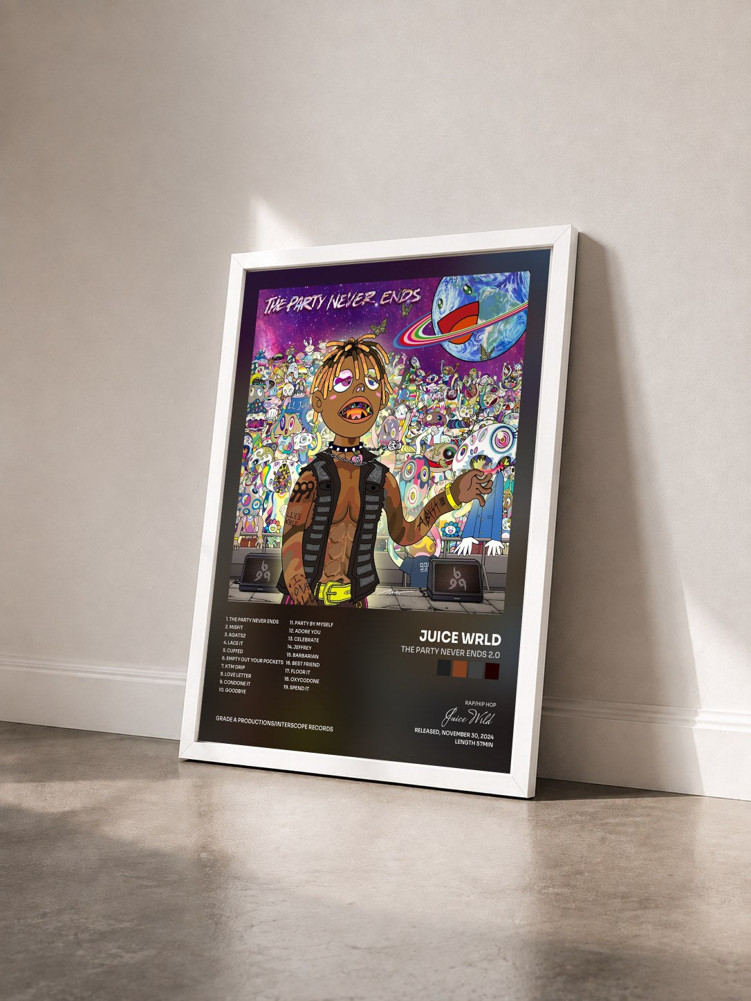 #blanc Tableau de l'album The Party Never Ends 2.0 de Juice Wrld vu de trois quarts, cadre blanc