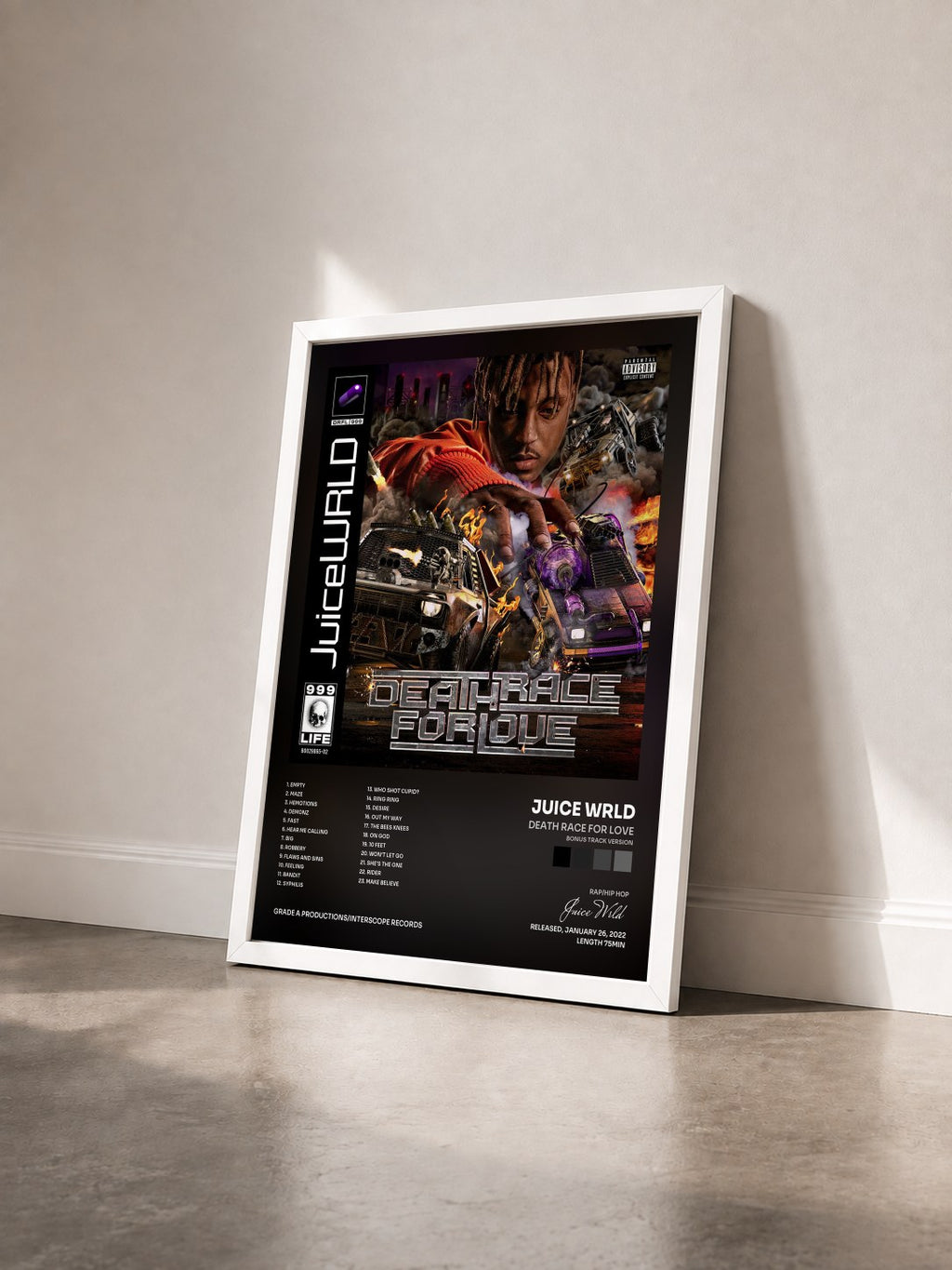 #blanc Death Race For Love (Bonus Track Version) von Juice Wrld als gerahmter Kunstdruck von schräg gesehen, weißer Rahmen