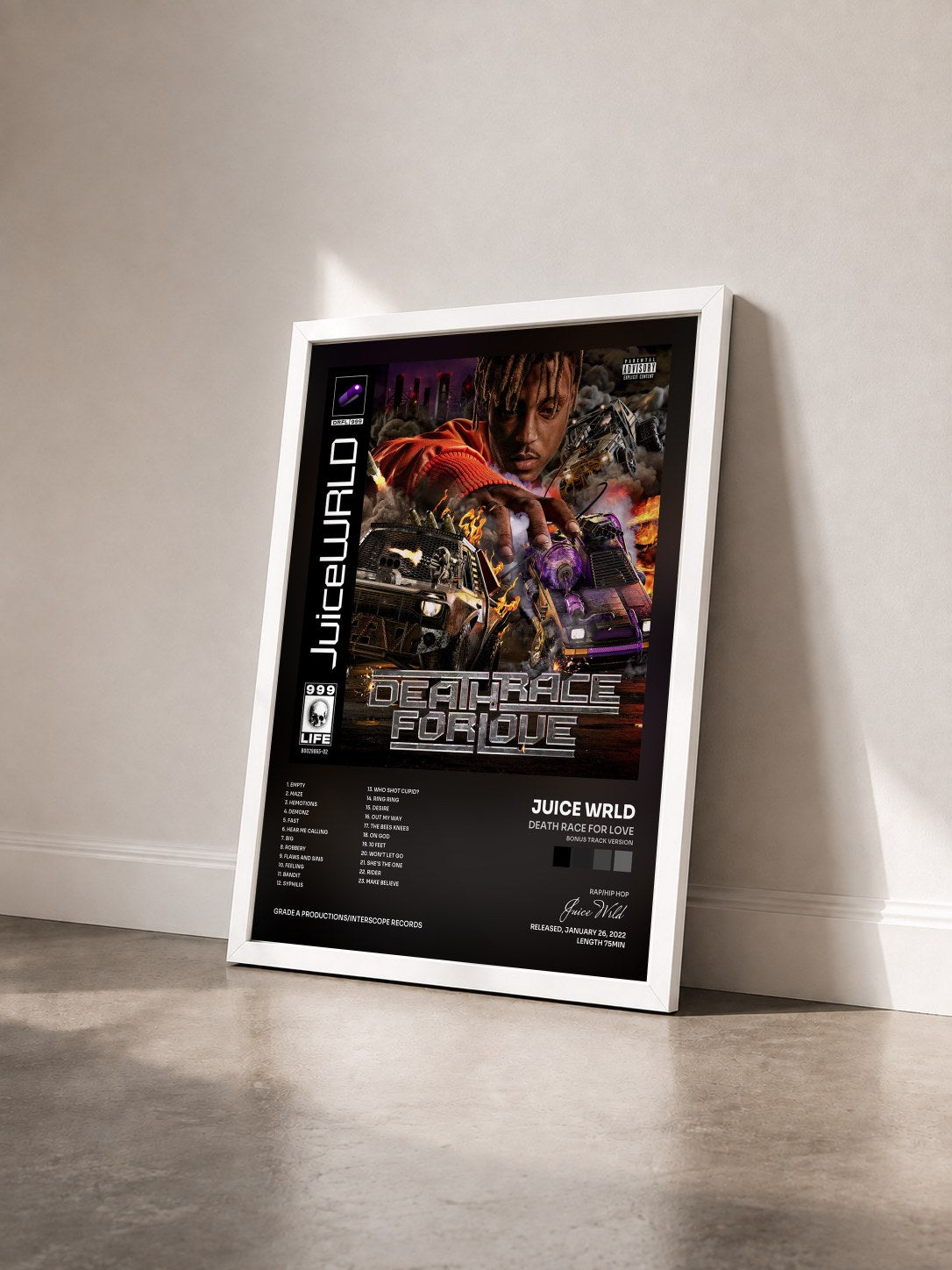 #blanc Tableau de l'album Death Race For Love (Bonus Track Version) de Juice Wrld vu de trois quarts, cadre blanc