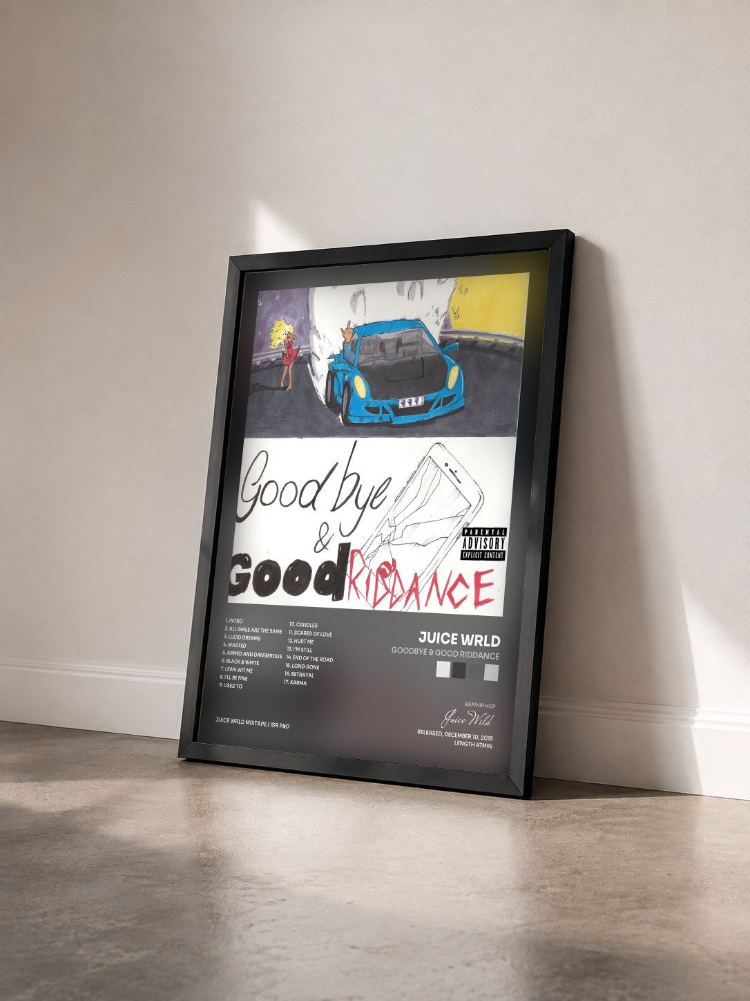 #noir Tableau de l'album Goodbye & Good Riddance de Juice Wrld vu de trois quarts, cadre noir