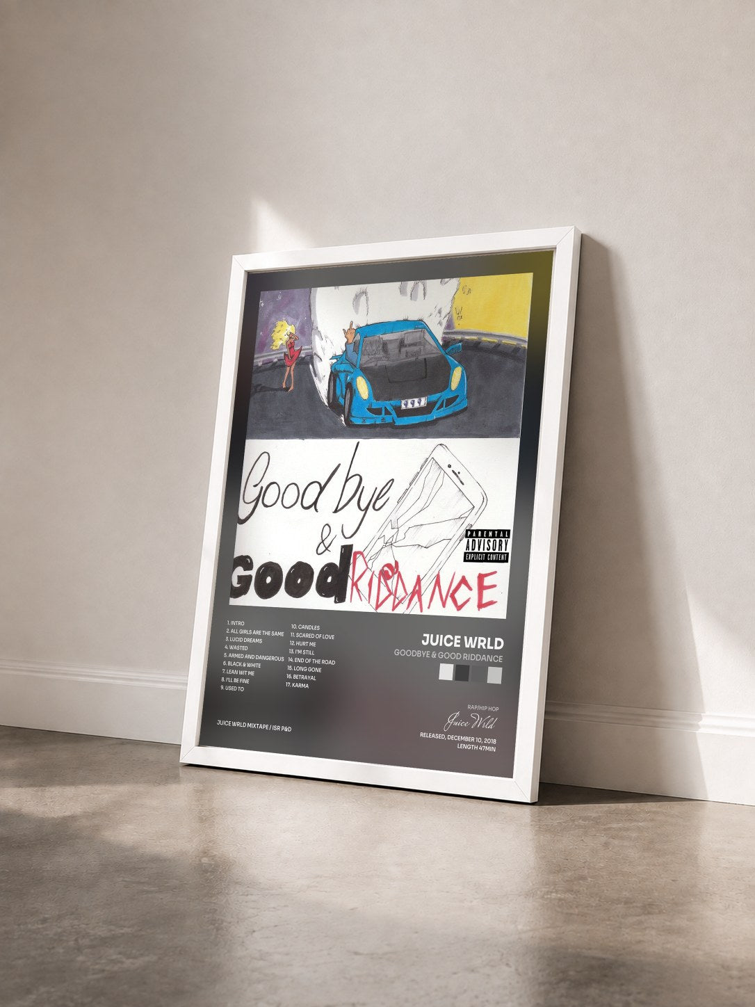 #blanc Tableau de l'album Goodbye & Good Riddance de Juice Wrld vu de trois quarts, cadre blanc
