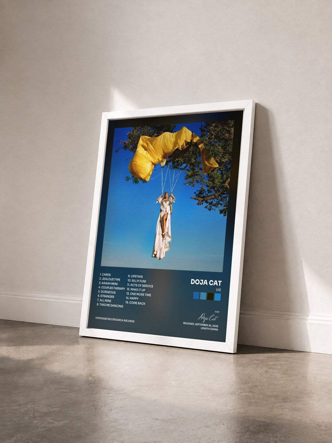 #blanc Tableau de l'album Vie de Doja Cat vu de trois quarts, cadre blanc
