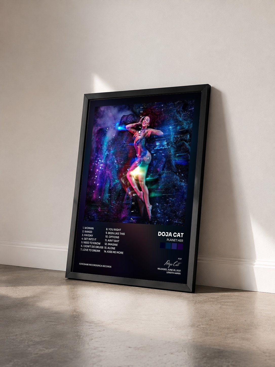 #noir Planet Her by Doja Cat as a framed art print seen at an angle, black frame