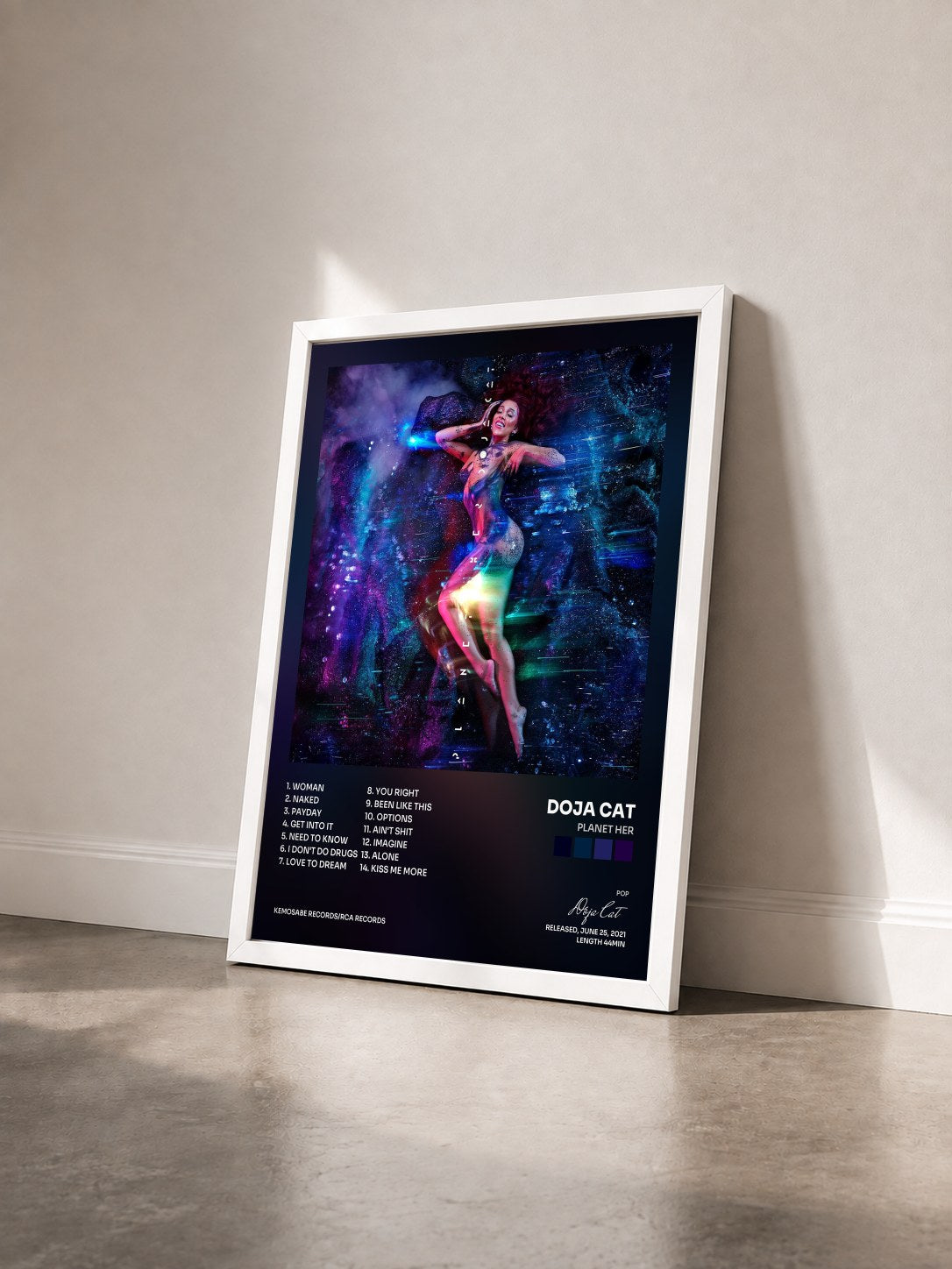 #blanc Planet Her by Doja Cat as a framed art print seen at an angle, white frame
