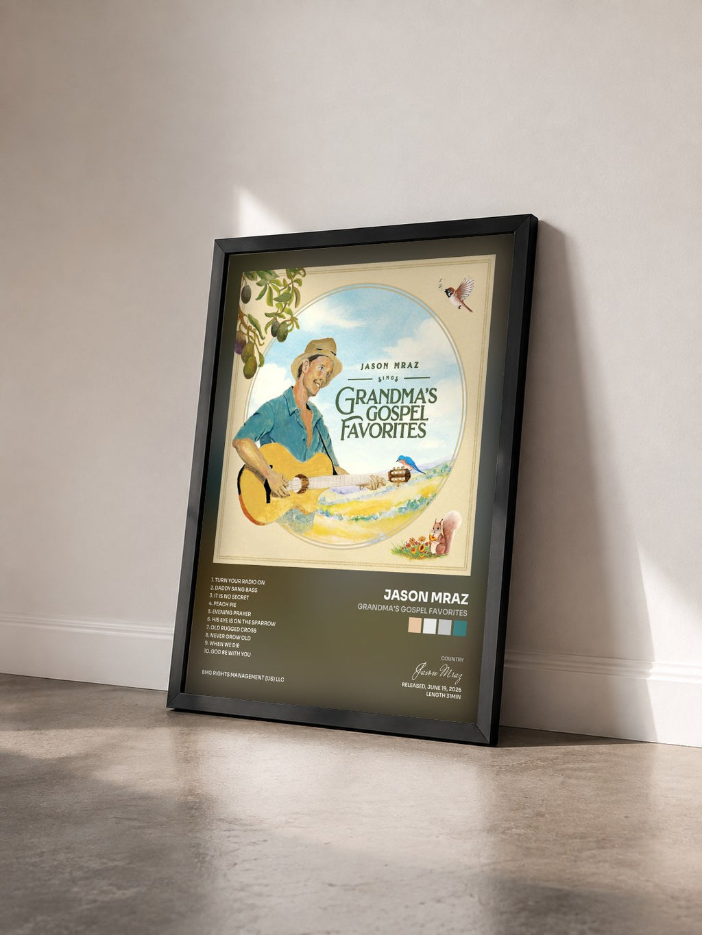 #noir Tableau de l'album Grandma's Gospel Favorites de Jason Mraz vu de trois quarts, cadre noir
