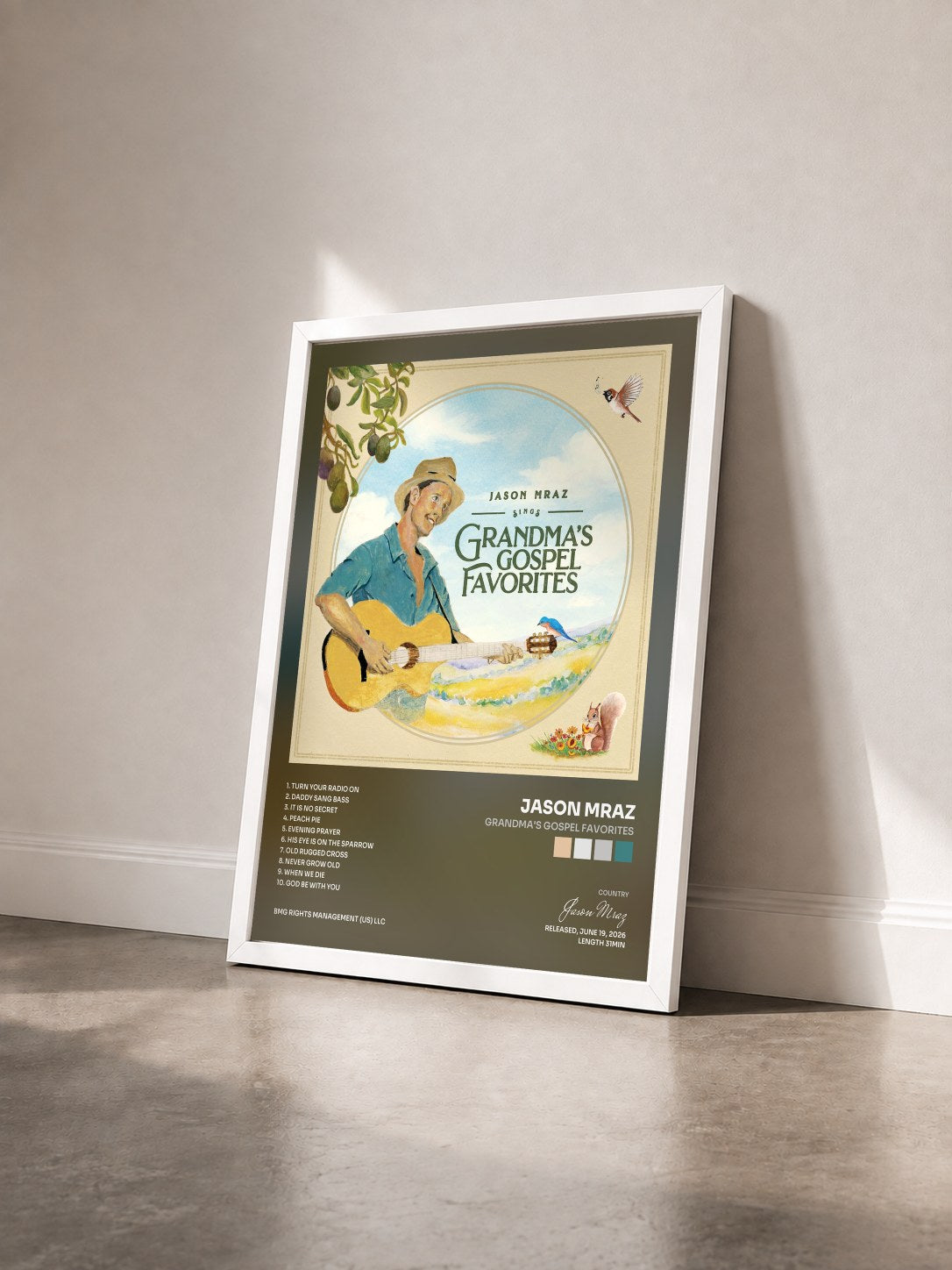 #blanc Tableau de l'album Grandma's Gospel Favorites de Jason Mraz vu de trois quarts, cadre blanc