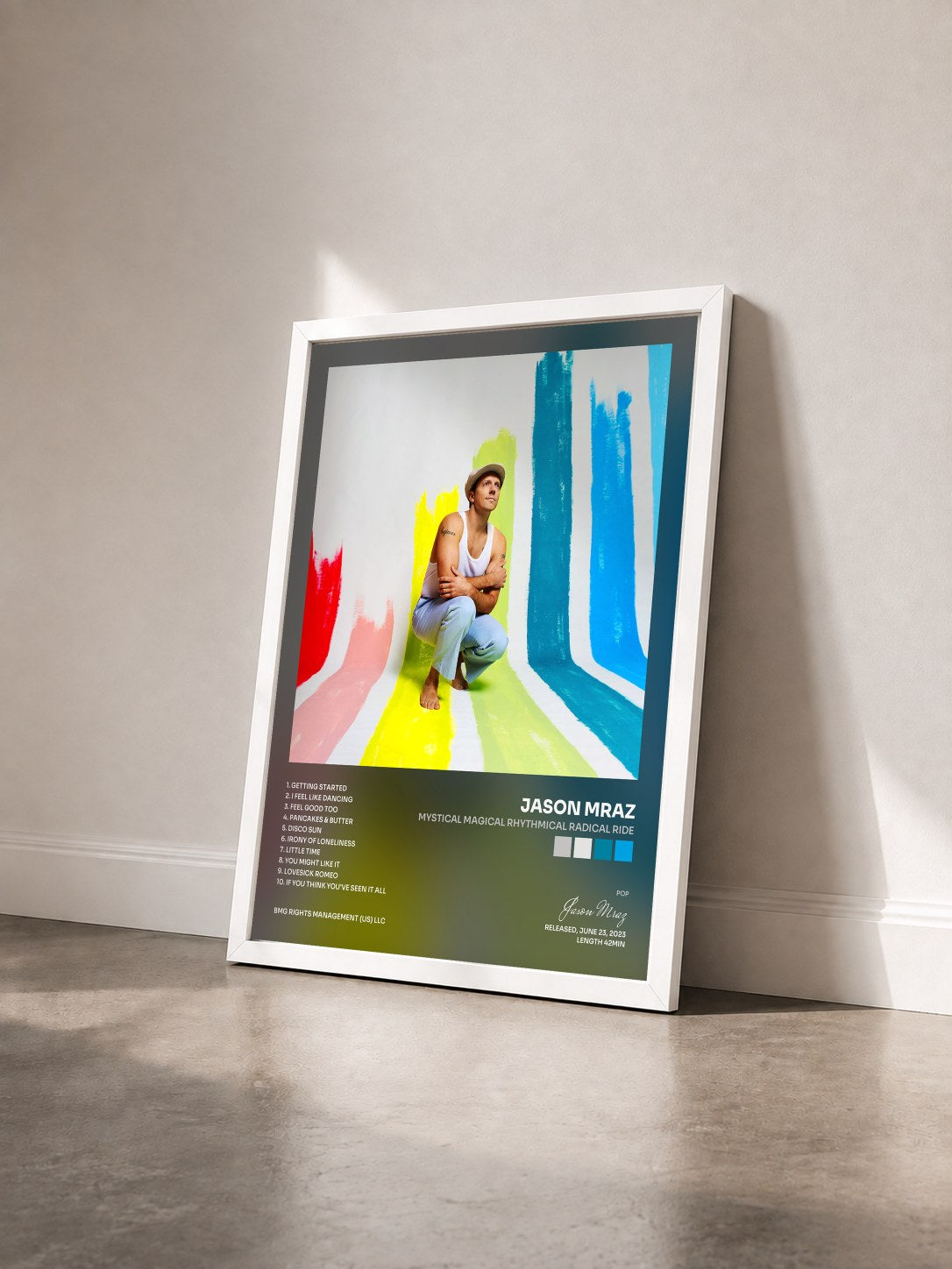 #blanc Mystical Magical Rhythmical Radical Ride von Jason Mraz als gerahmter Kunstdruck von schräg gesehen, weißer Rahmen