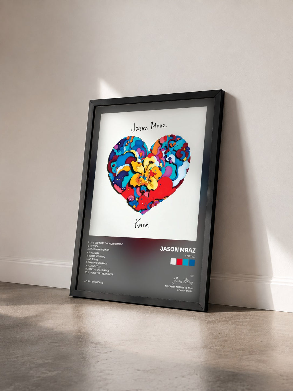 #noir Know. by Jason Mraz as a framed art print seen at an angle, black frame