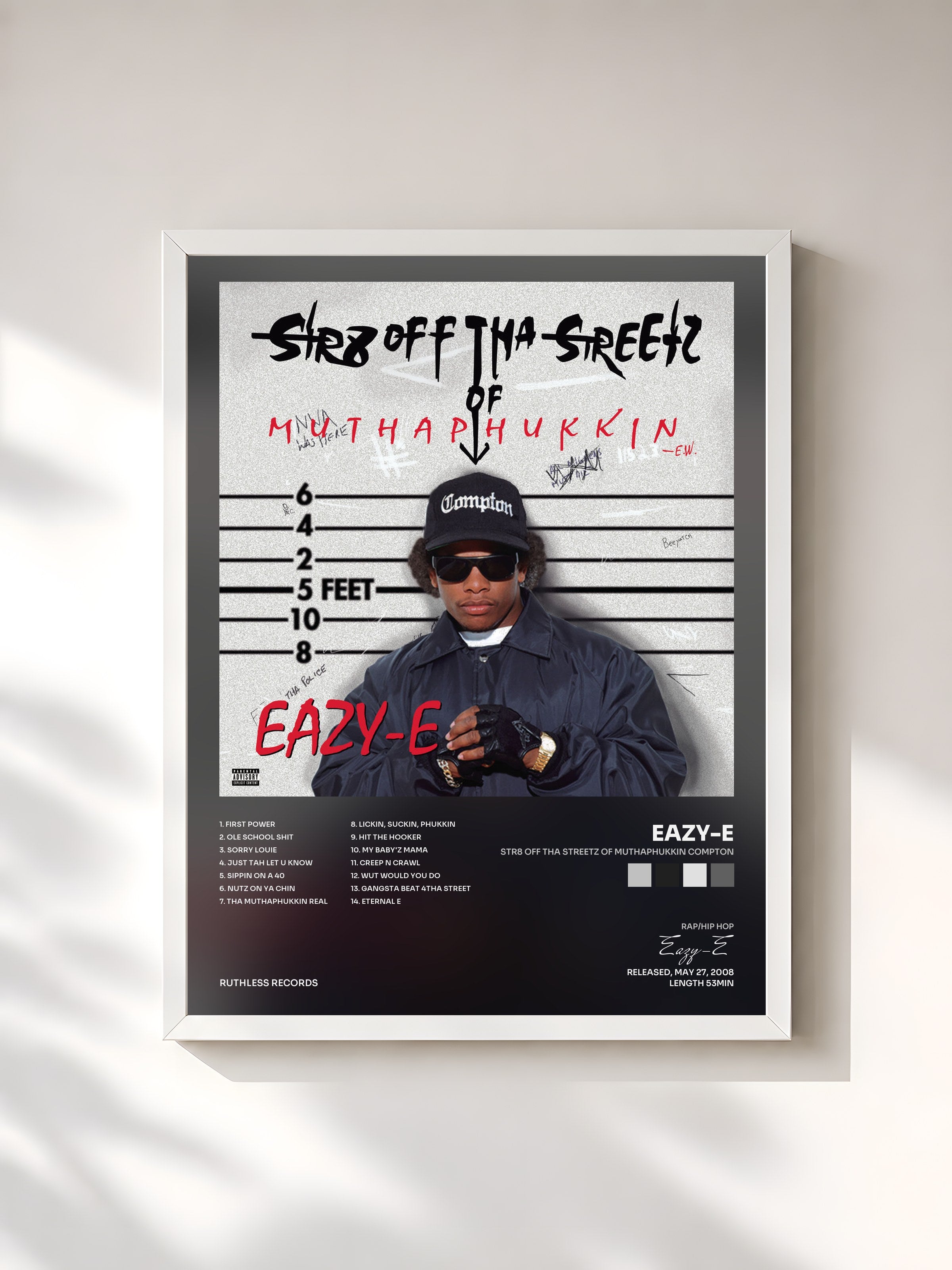 #blanc Tableau de l'album Str8 off Tha Streetz of Muthaphukkin Compton de Eazy-E, cadre blanc, imprimé et encadré en France