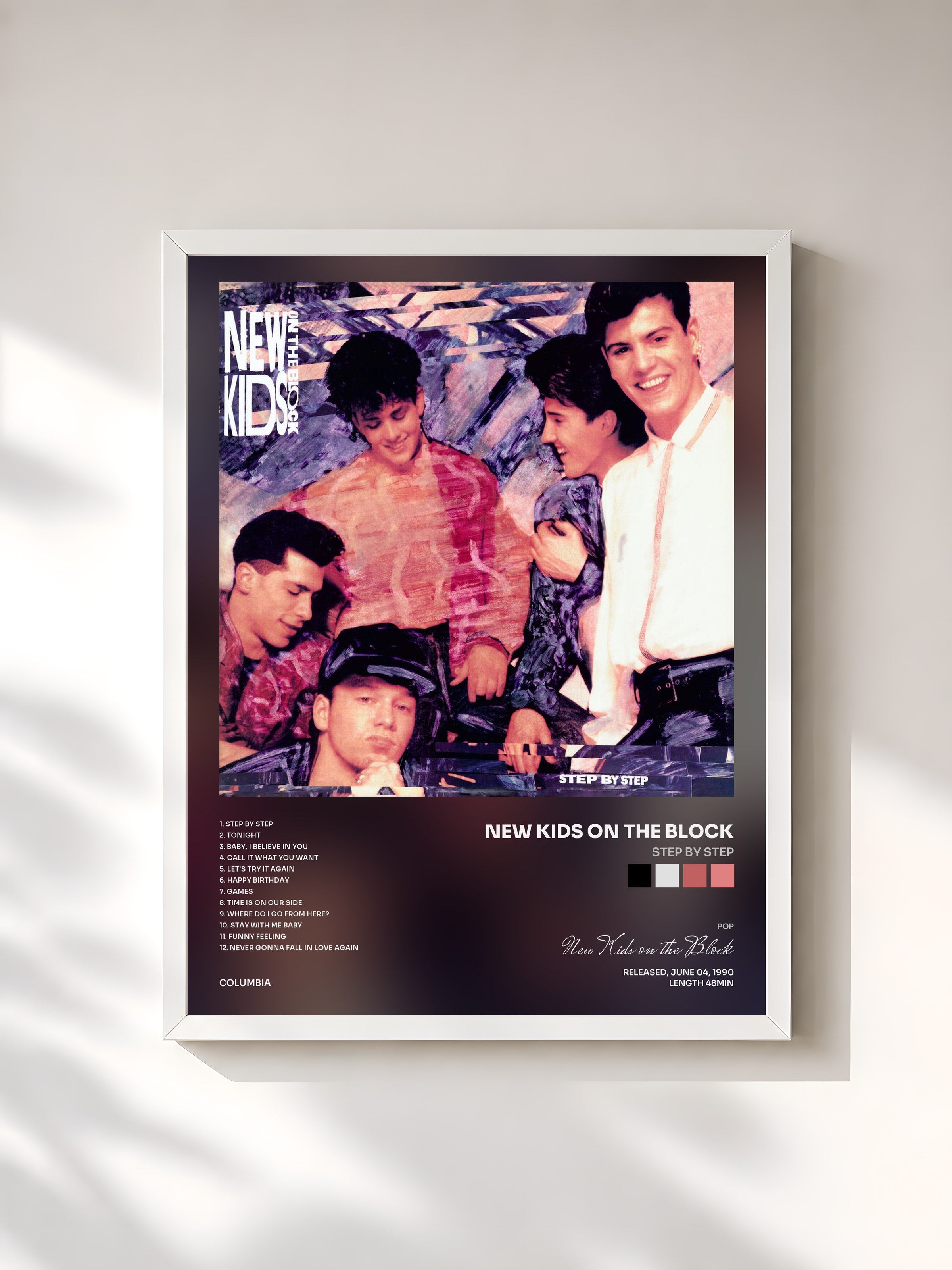 #blanc Tableau de l'album Step By Step de New Kids on the Block, cadre blanc, imprimé et encadré en France