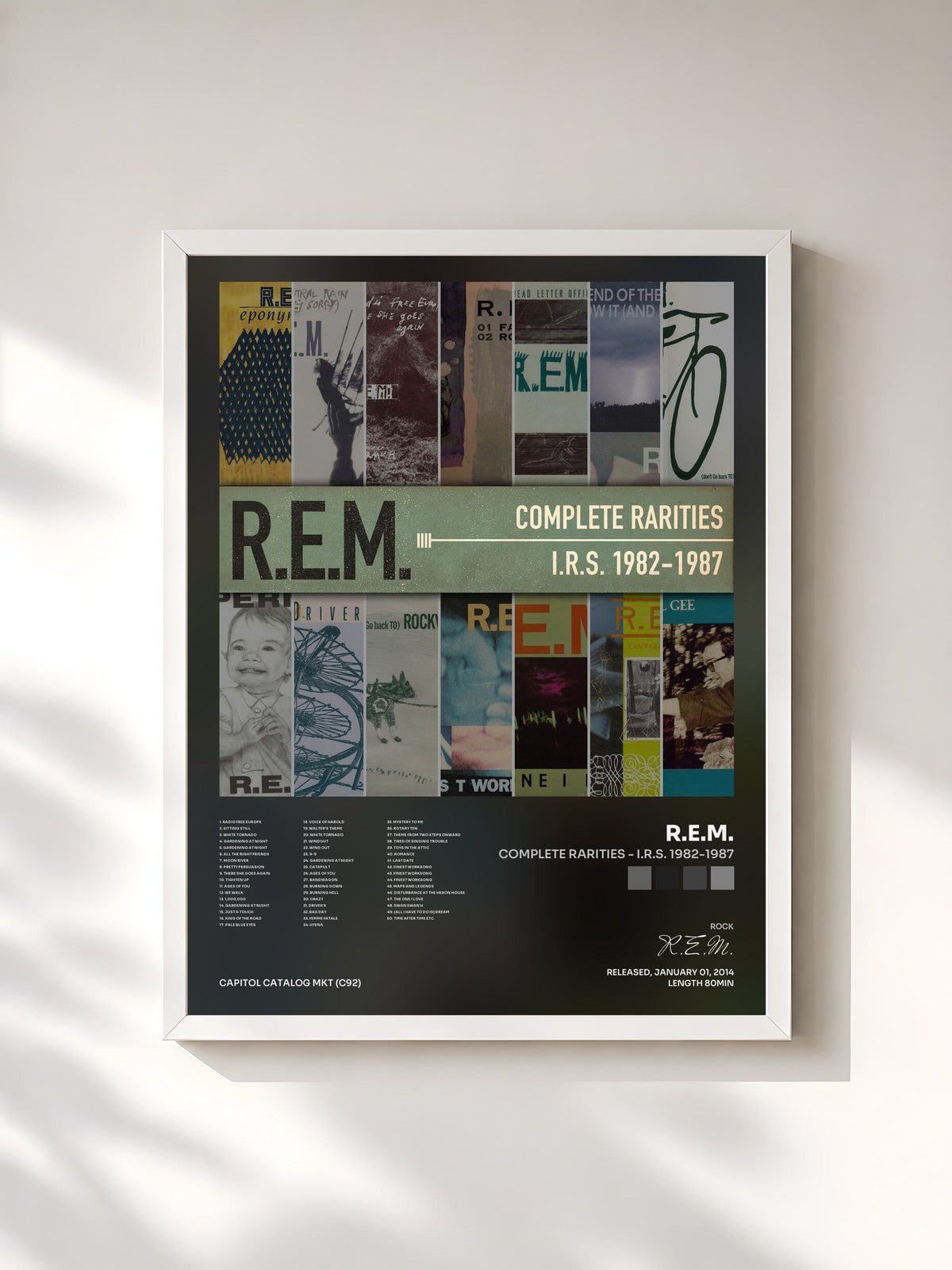 #blanc Tableau de l'album Complete Rarities - I.R.S. 1982-1987 de R.E.M., cadre blanc, imprimé et encadré en France