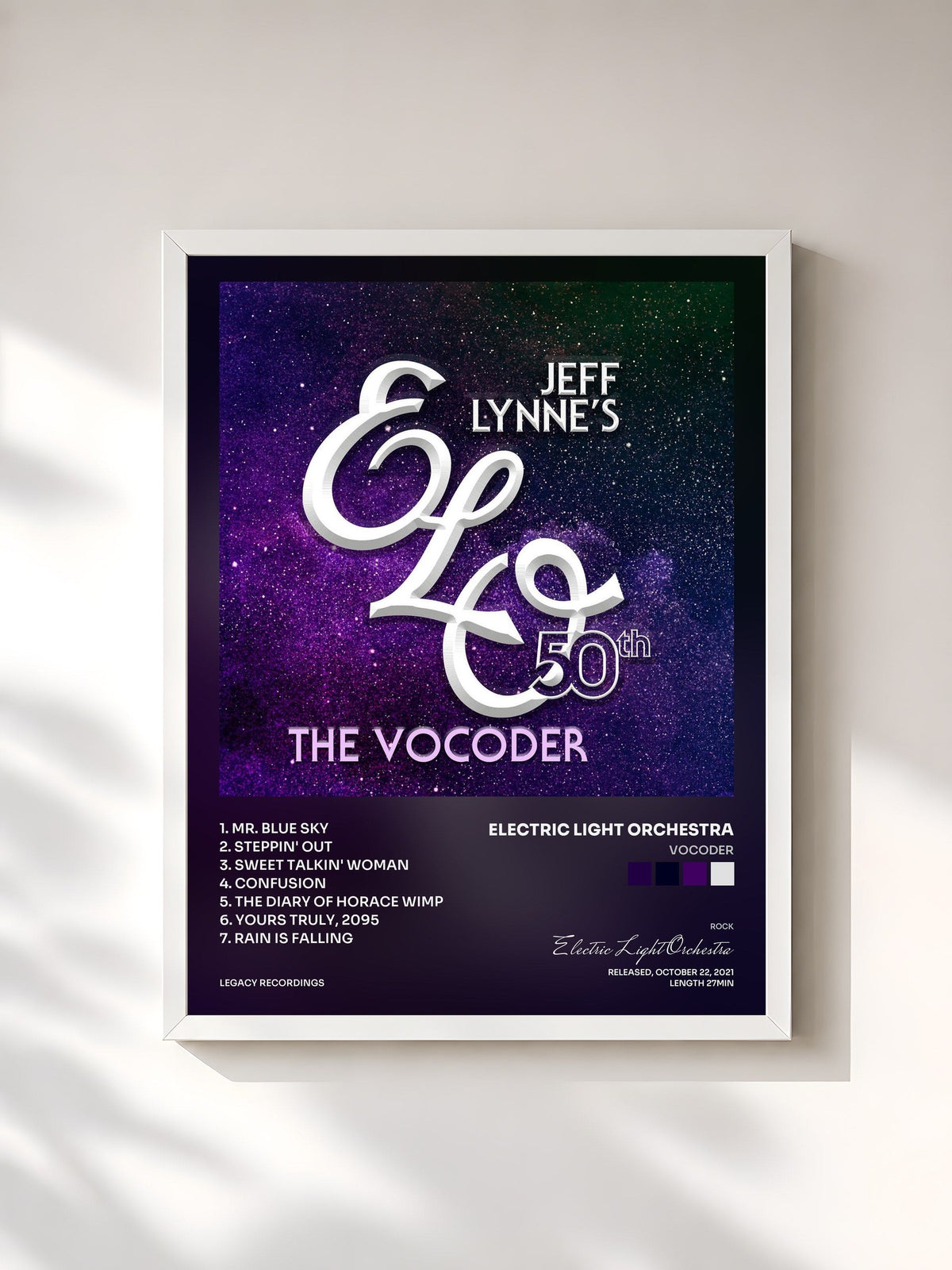 #blanc Tableau de l'album Vocoder de Electric Light Orchestra, cadre blanc, imprimé et encadré en France