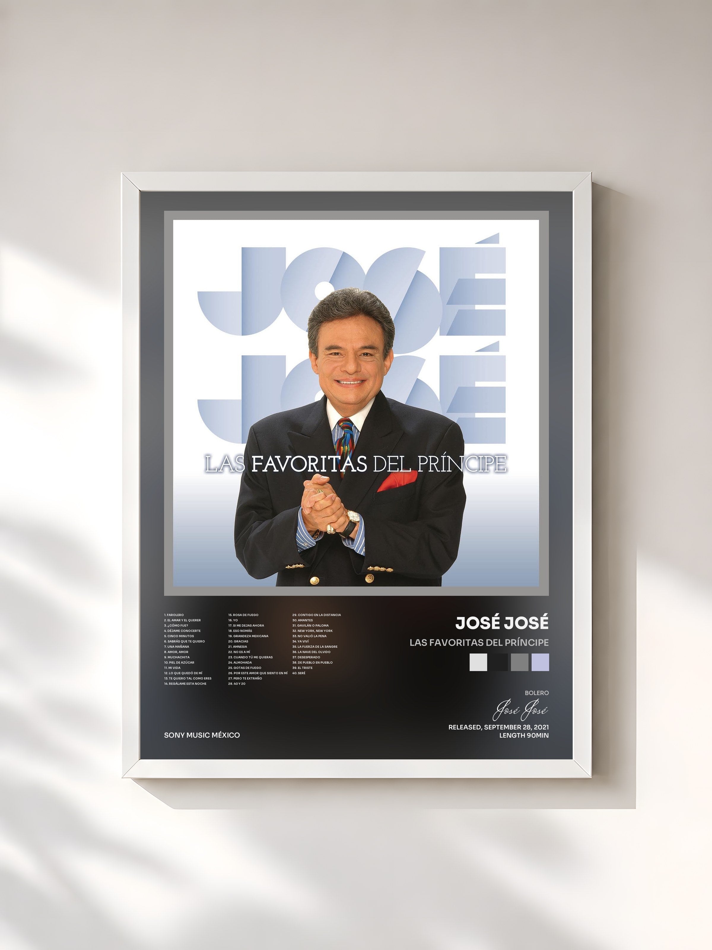 #blanc Tableau de l'album Las Favoritas del Príncipe de José José, cadre blanc, imprimé et encadré en France