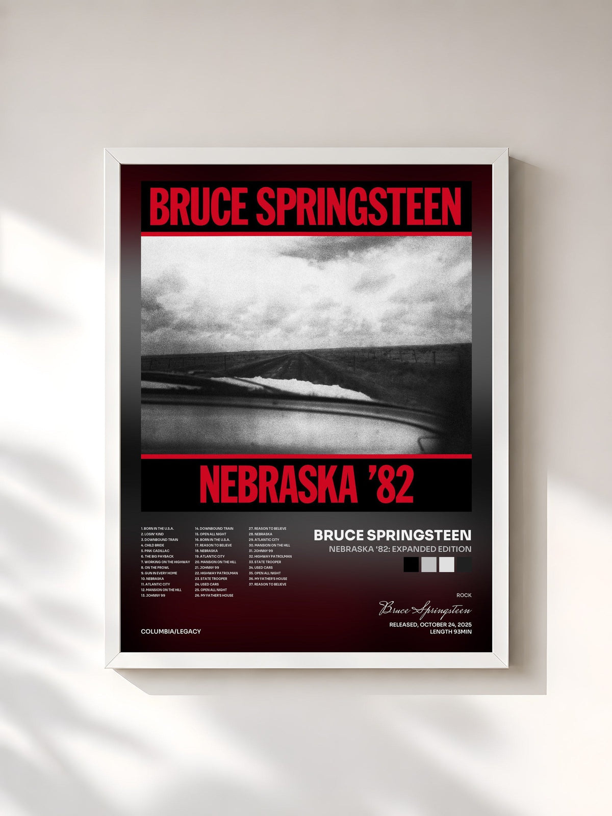 #blanc Tableau de l'album Nebraska '82: Expanded Edition de Bruce Springsteen, cadre blanc, imprimé et encadré en France