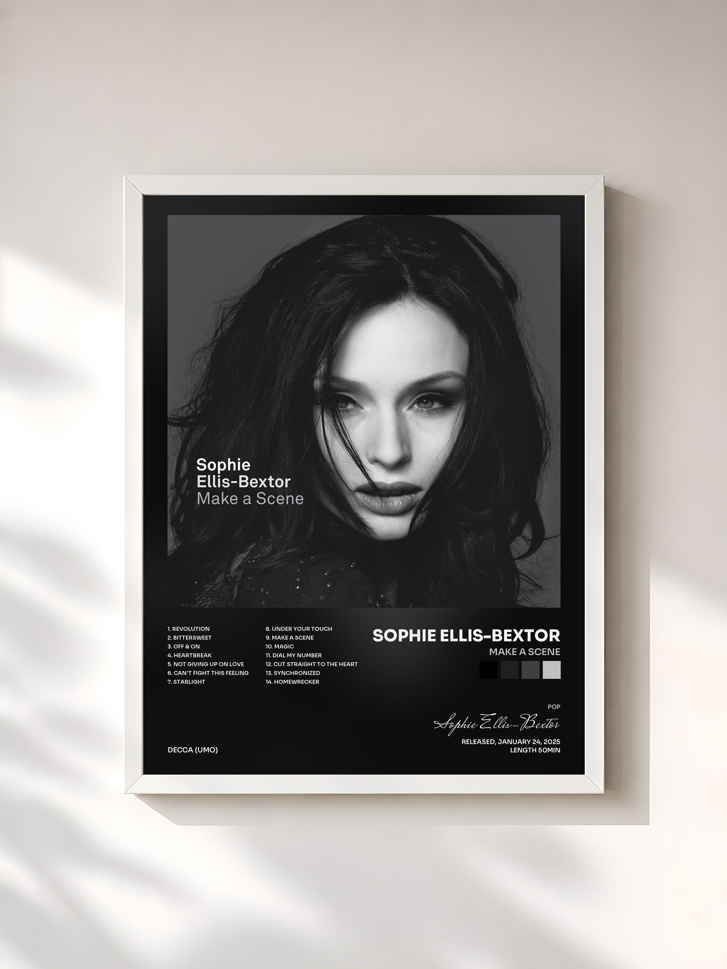 #blanc Tableau de l'album Make a Scene de Sophie Ellis-Bextor, cadre blanc, imprimé et encadré en France