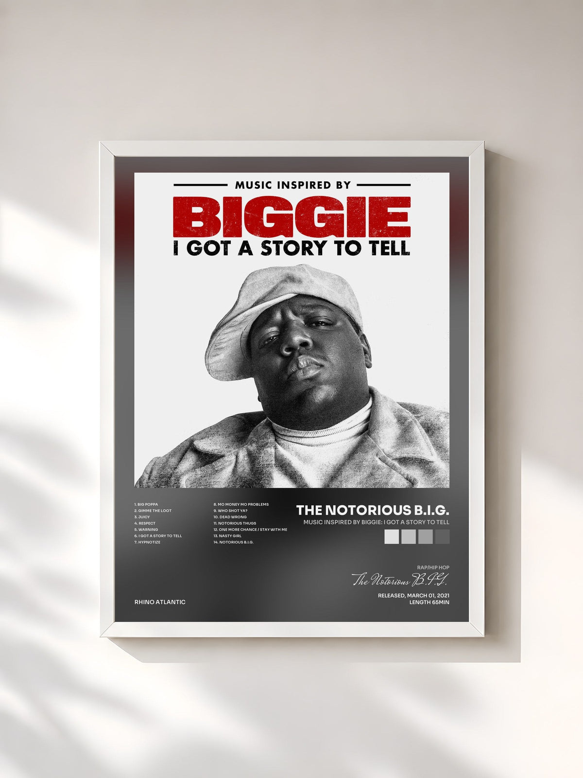 #blanc Tableau de l'album Music Inspired By Biggie: I Got A Story To Tell de The Notorious B.I.G., cadre blanc, imprimé et encadré en France