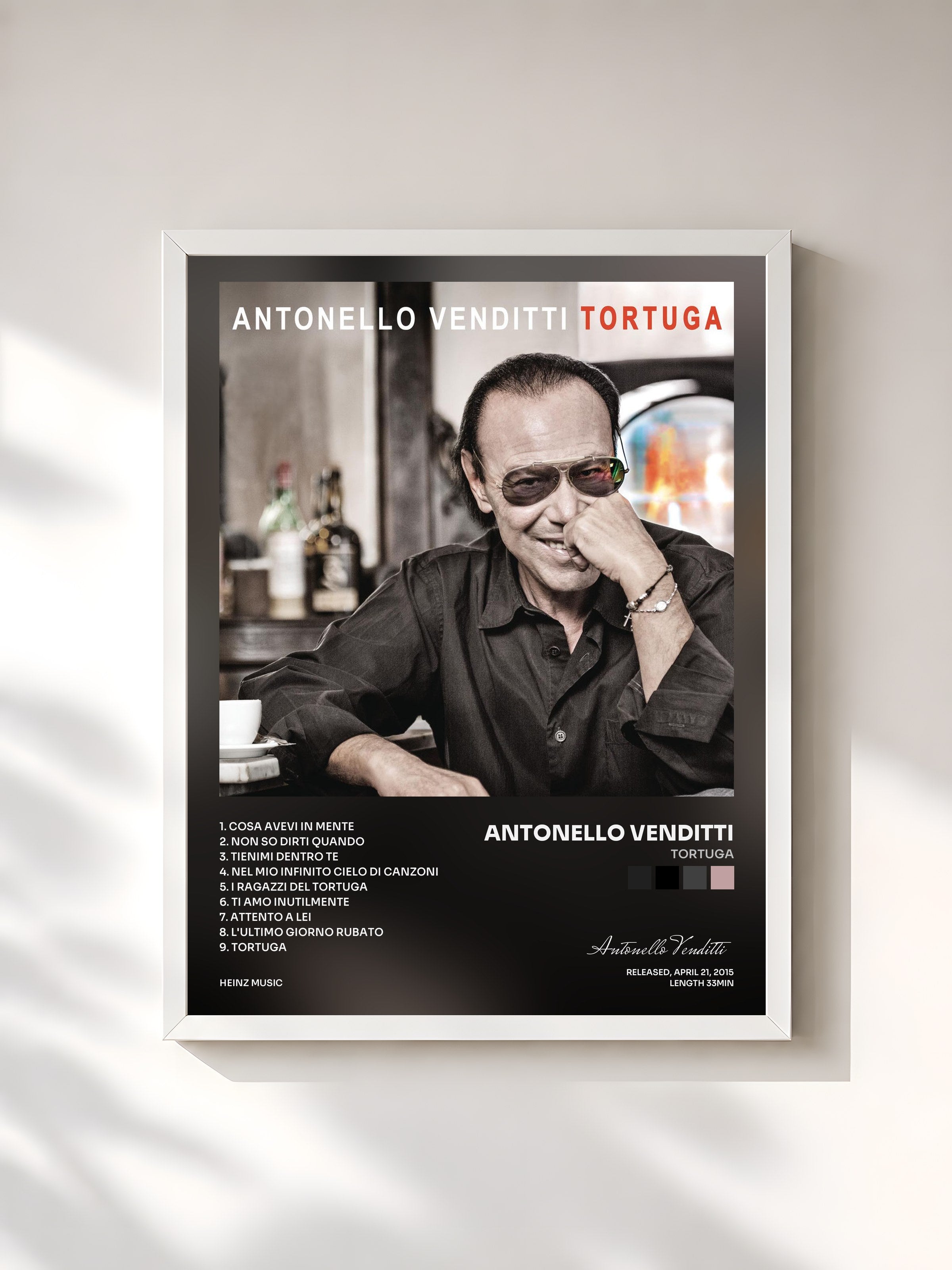 #blanc Tableau de l'album Tortuga de Antonello Venditti, cadre blanc, imprimé et encadré en France