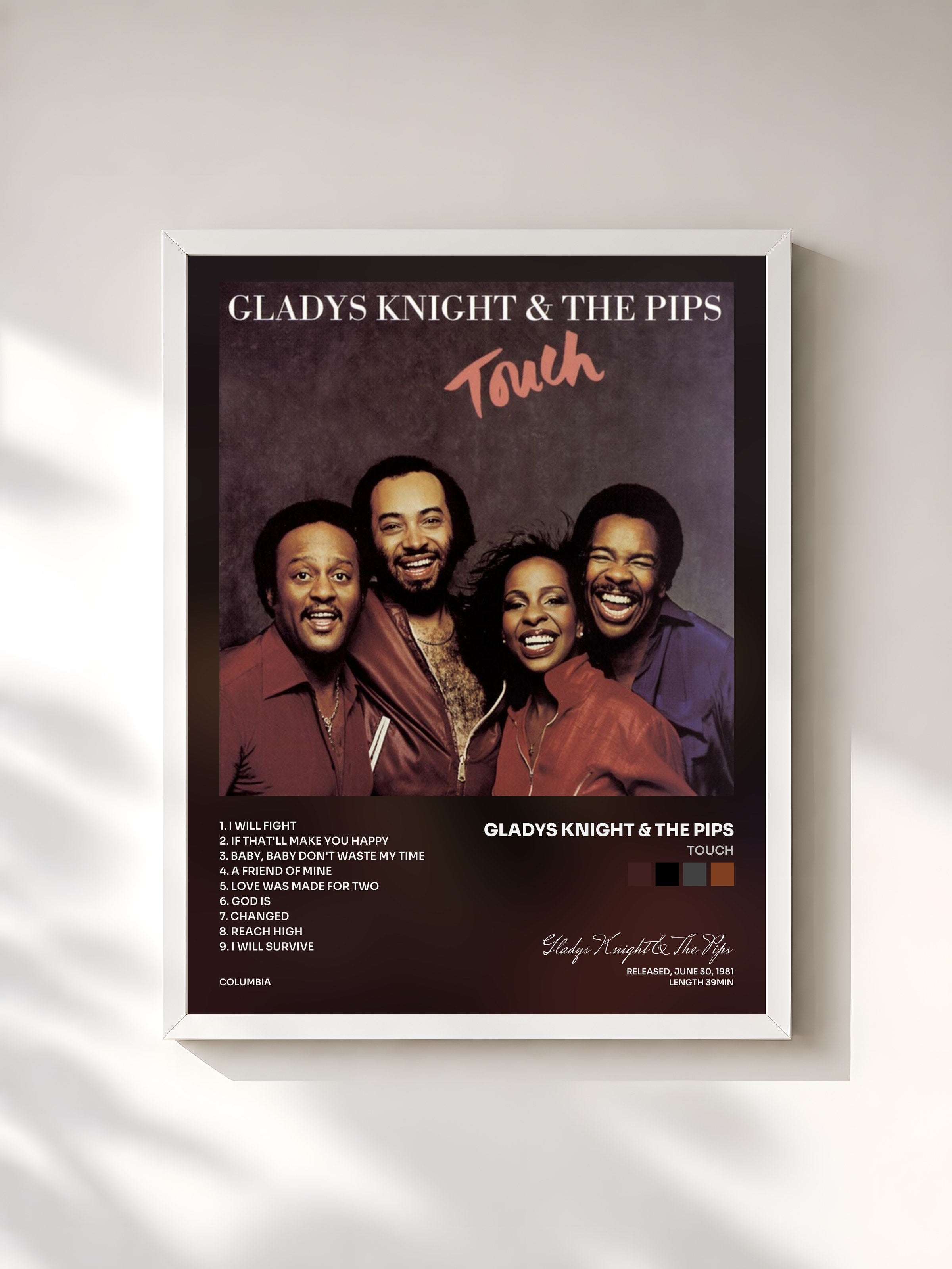 #blanc Tableau de l'album Touch de Gladys Knight & The Pips, cadre blanc, imprimé et encadré en France