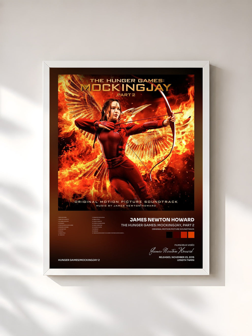 #blanc Tableau de l'album The Hunger Games: Mockingjay, Part 2 (Original Motion Picture Soundtrack) de James Newton Howard, cadre blanc, imprimé et encadré en France