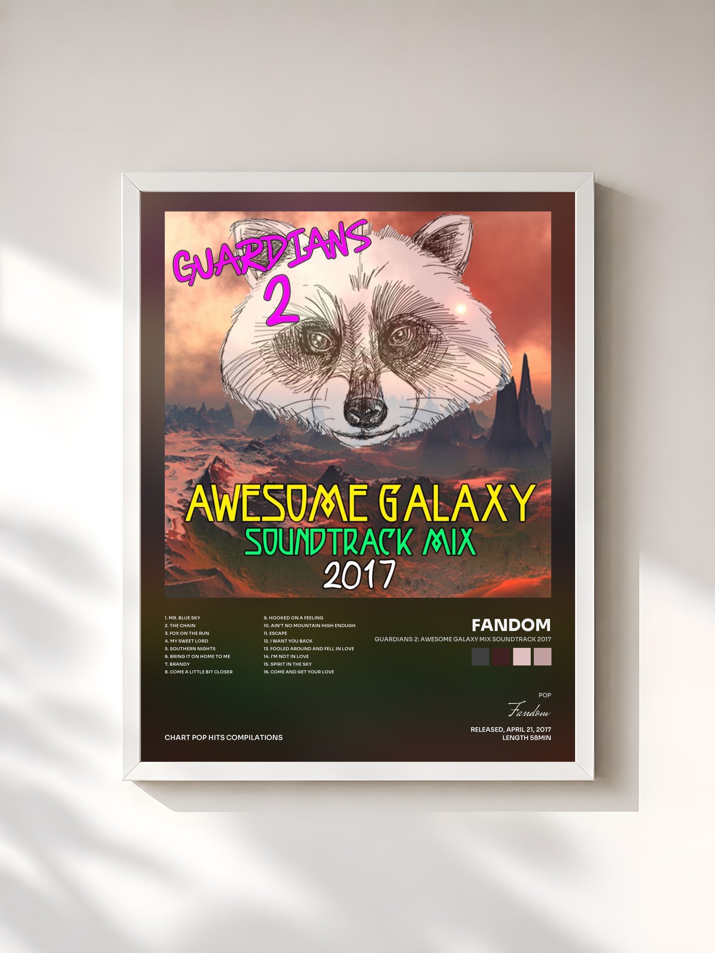 #blanc Tableau de l'album Guardians 2: Awesome Galaxy Mix Soundtrack 2017 de Fandom, cadre blanc, imprimé et encadré en France
