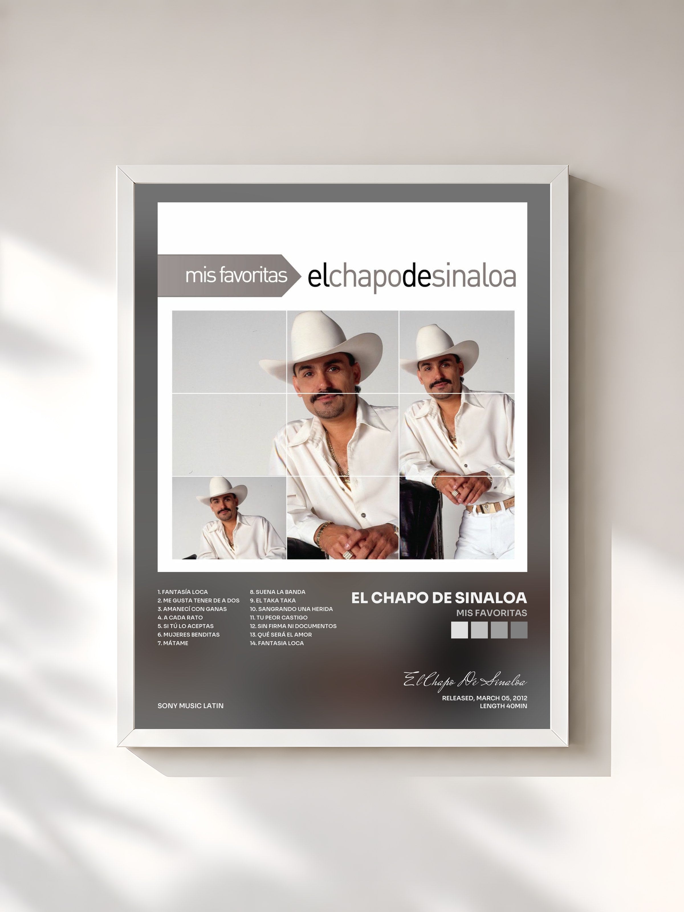 #blanc Tableau de l'album Mis Favoritas de El Chapo De Sinaloa, cadre blanc, imprimé et encadré en France