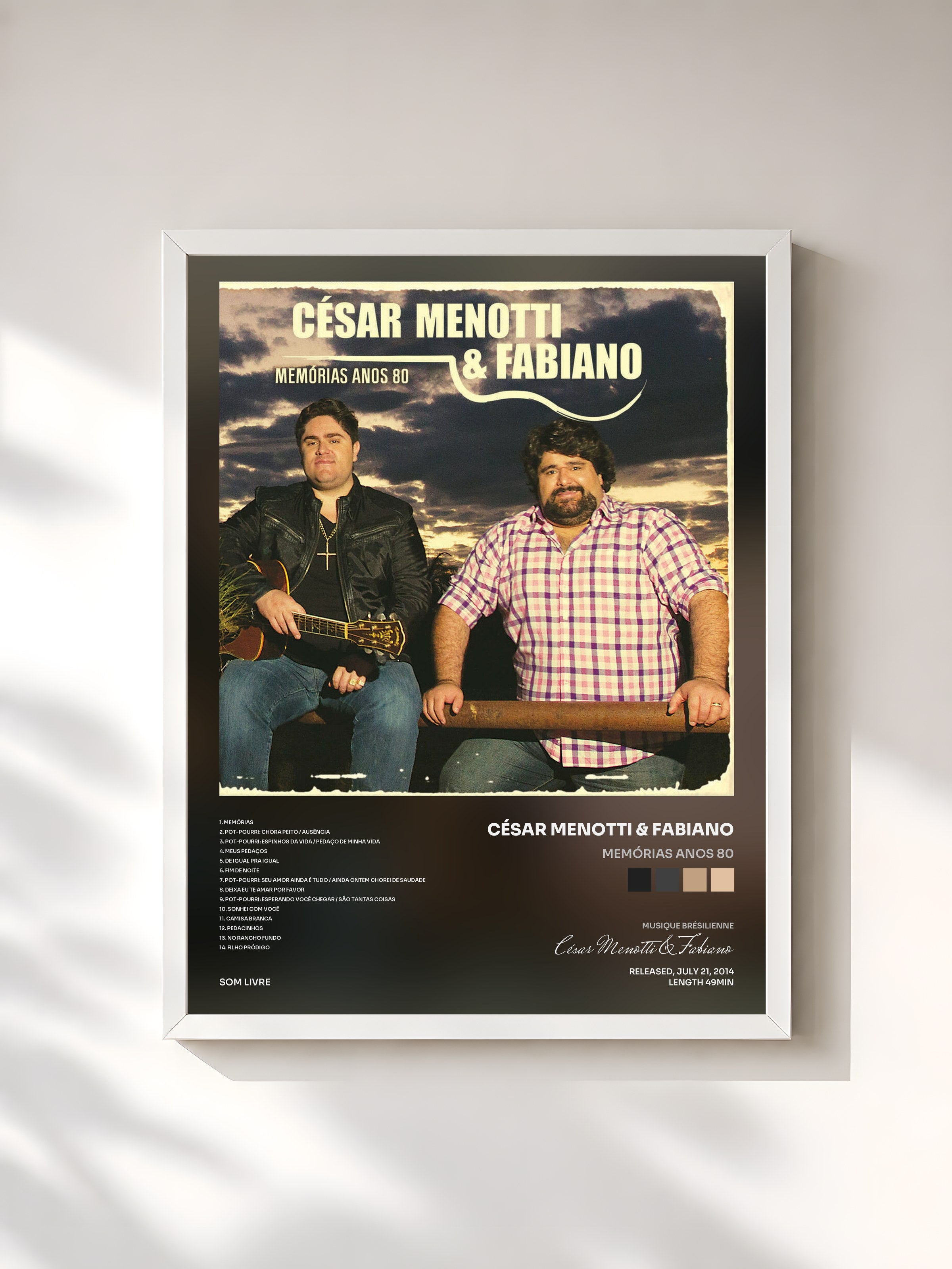 #blanc Tableau de l'album Memórias Anos 80 de César Menotti & Fabiano, cadre blanc, imprimé et encadré en France