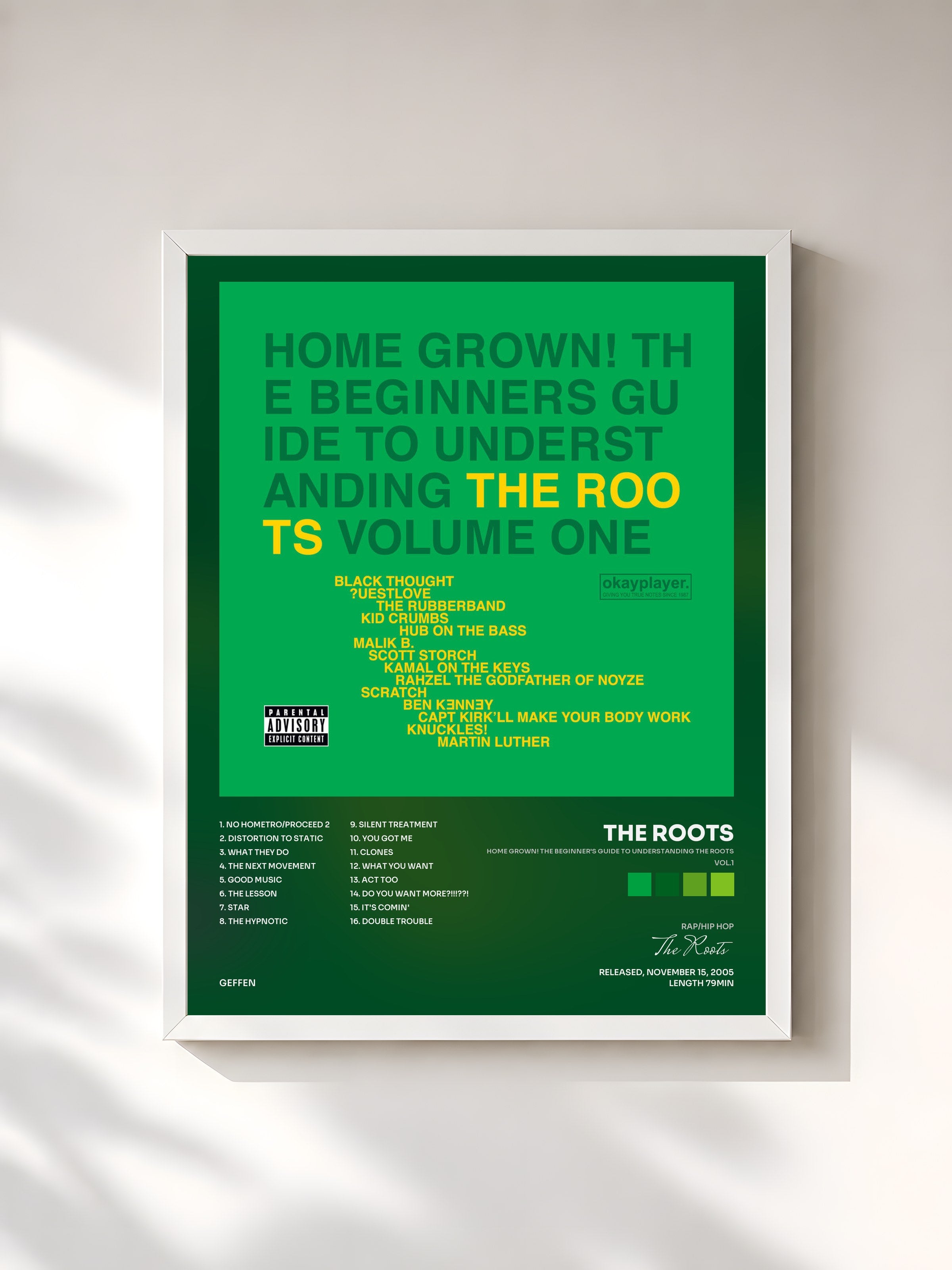 #blanc Tableau de l'album Home Grown! The Beginner's Guide To Understanding The Roots (Vol.1) de The Roots, cadre blanc, imprimé et encadré en France