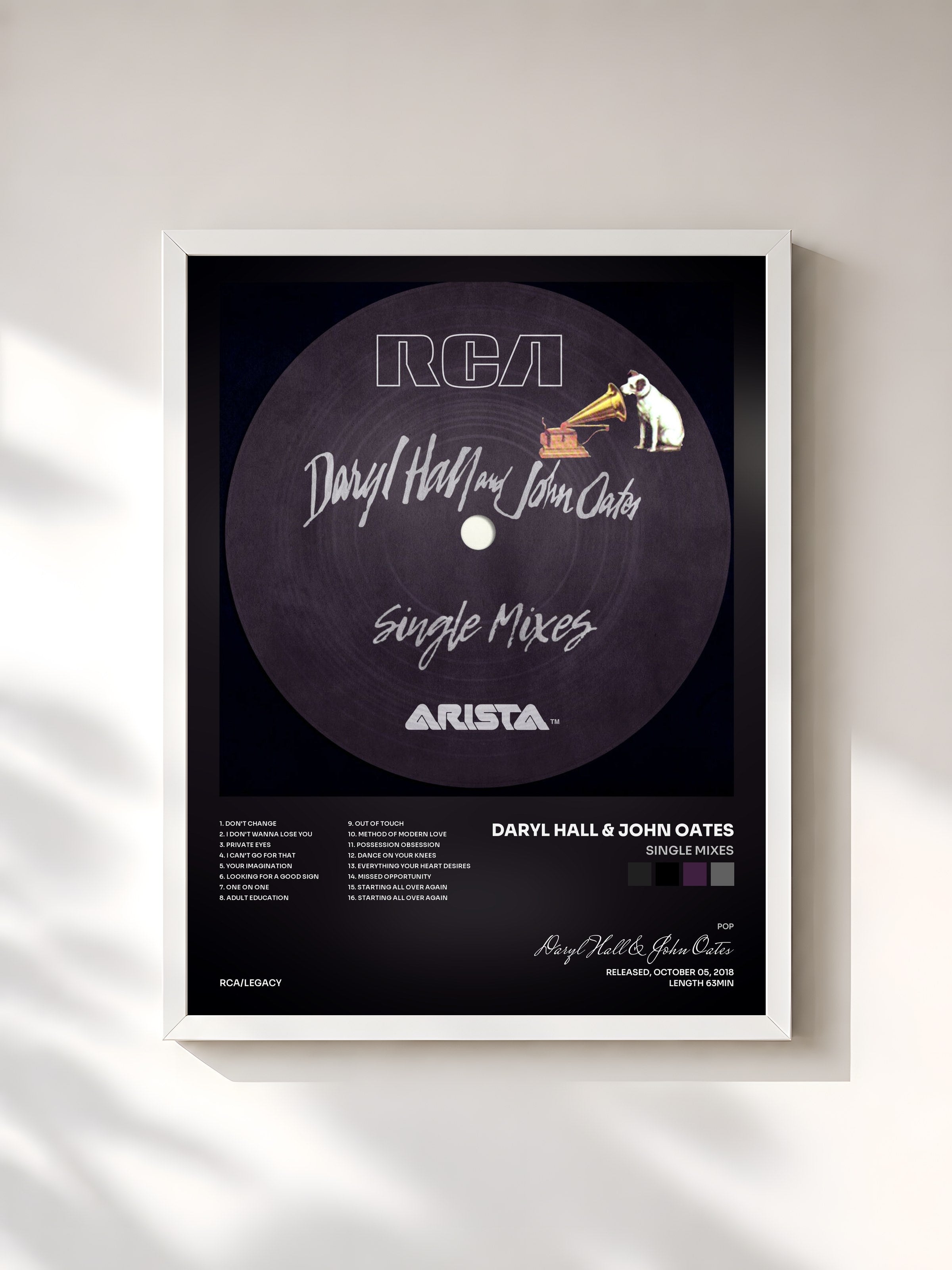 #blanc Tableau de l'album Single Mixes de Daryl Hall & John Oates, cadre blanc, imprimé et encadré en France