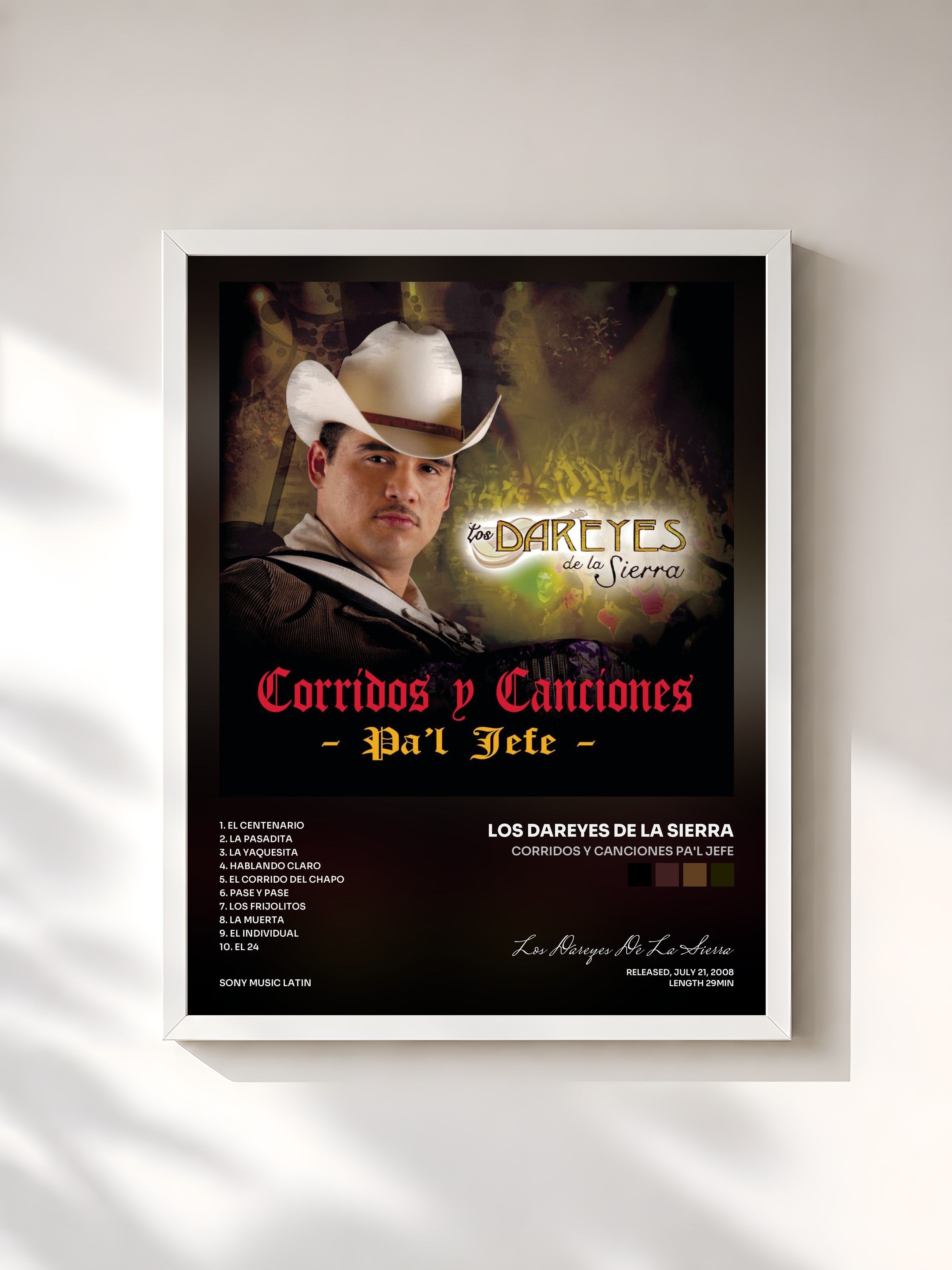 #blanc Tableau de l'album Corridos Y Canciones Pa'l Jefe de Los Dareyes De La Sierra, cadre blanc, imprimé et encadré en France