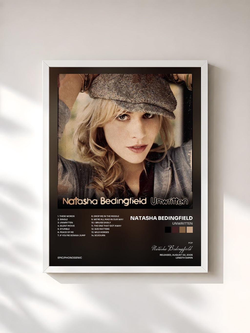 #blanc Tableau de l'album Unwritten de Natasha Bedingfield, cadre blanc, imprimé et encadré en France
