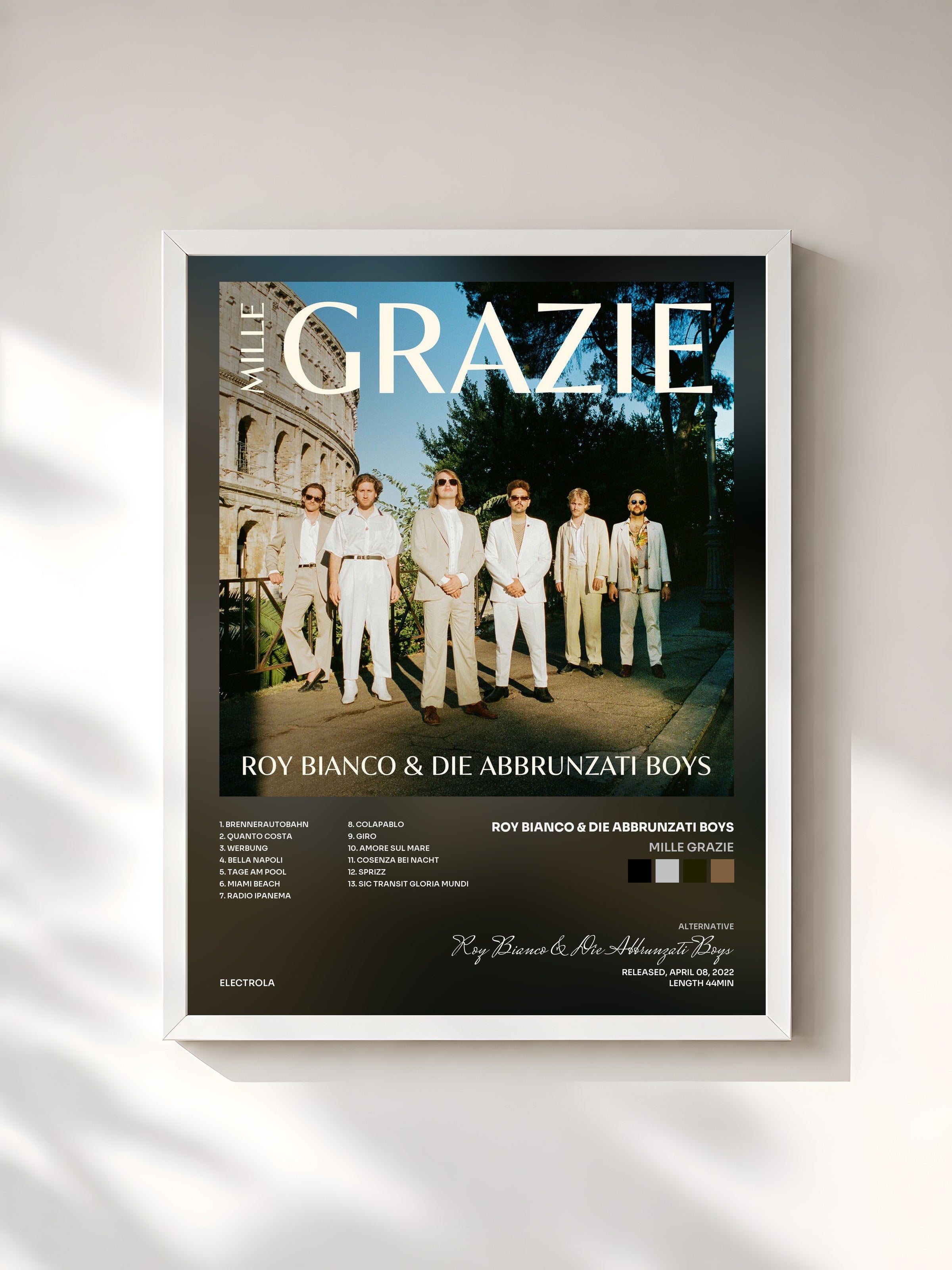 #blanc Tableau de l'album Mille Grazie de Roy Bianco & Die Abbrunzati Boys, cadre blanc, imprimé et encadré en France