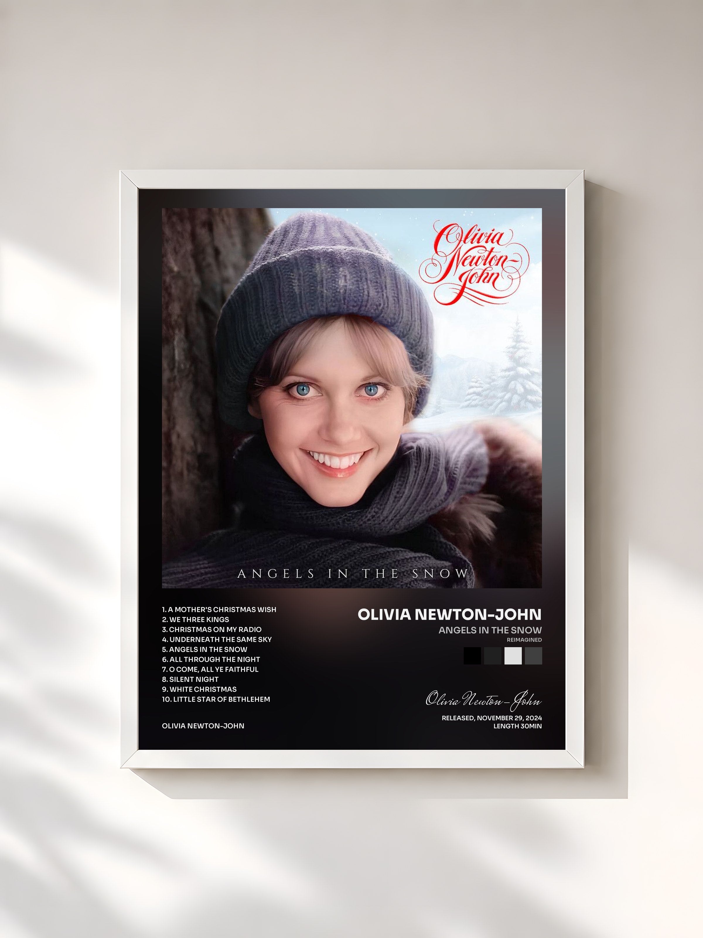#blanc Tableau de l'album Angels In The Snow (Reimagined) de Olivia Newton-John, cadre blanc, imprimé et encadré en France