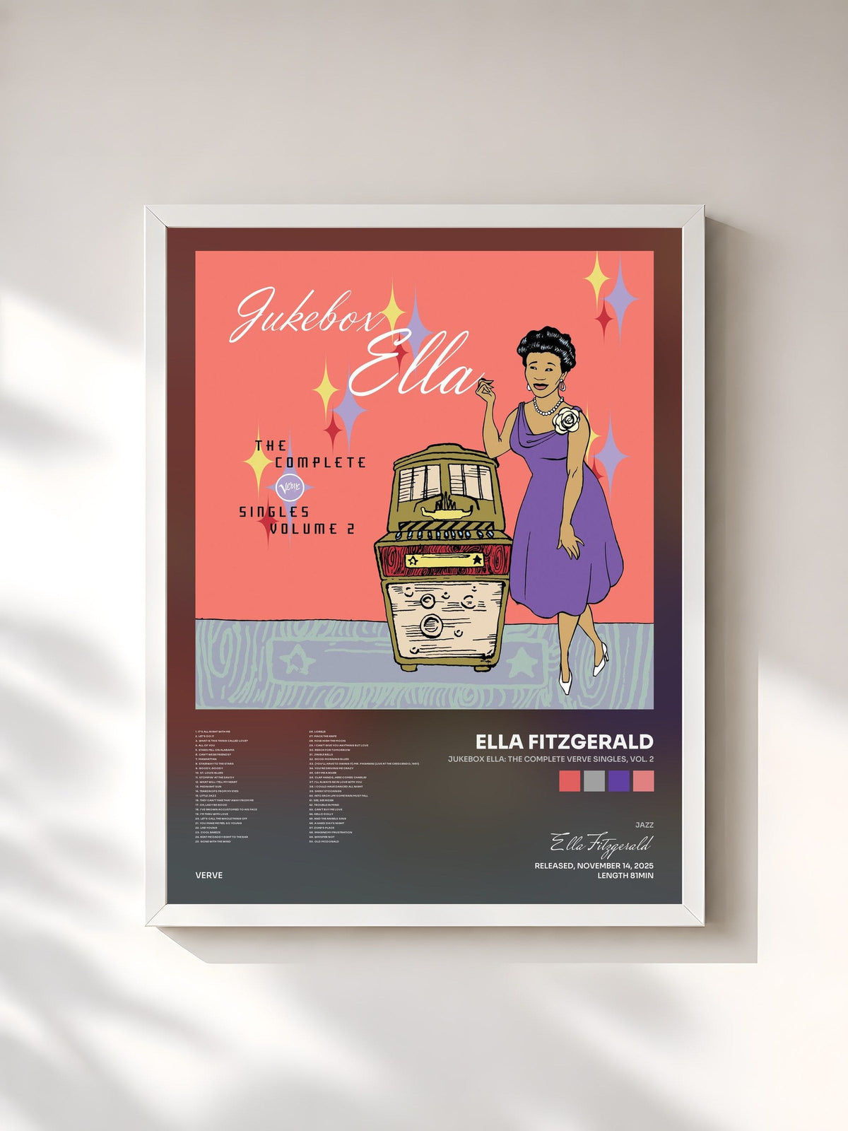 #blanc Tableau de l'album Jukebox Ella: The Complete Verve Singles, Vol. 2 de Ella Fitzgerald, cadre blanc, imprimé et encadré en France
