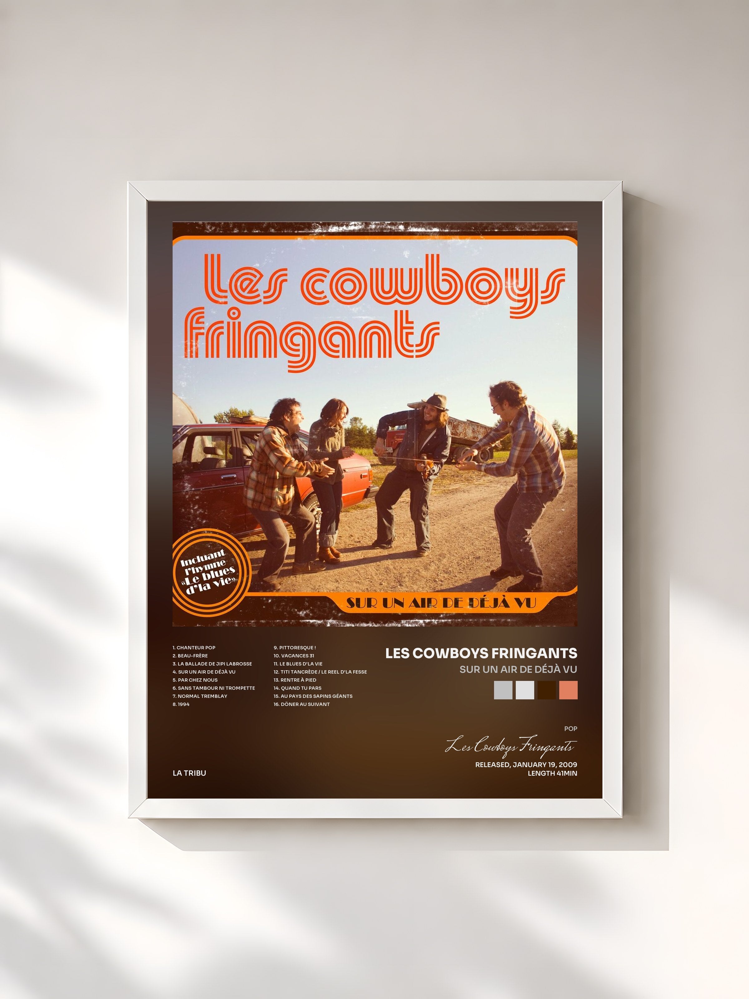 #blanc Tableau de l'album Sur un air de déjà vu de Les Cowboys Fringants, cadre blanc, imprimé et encadré en France